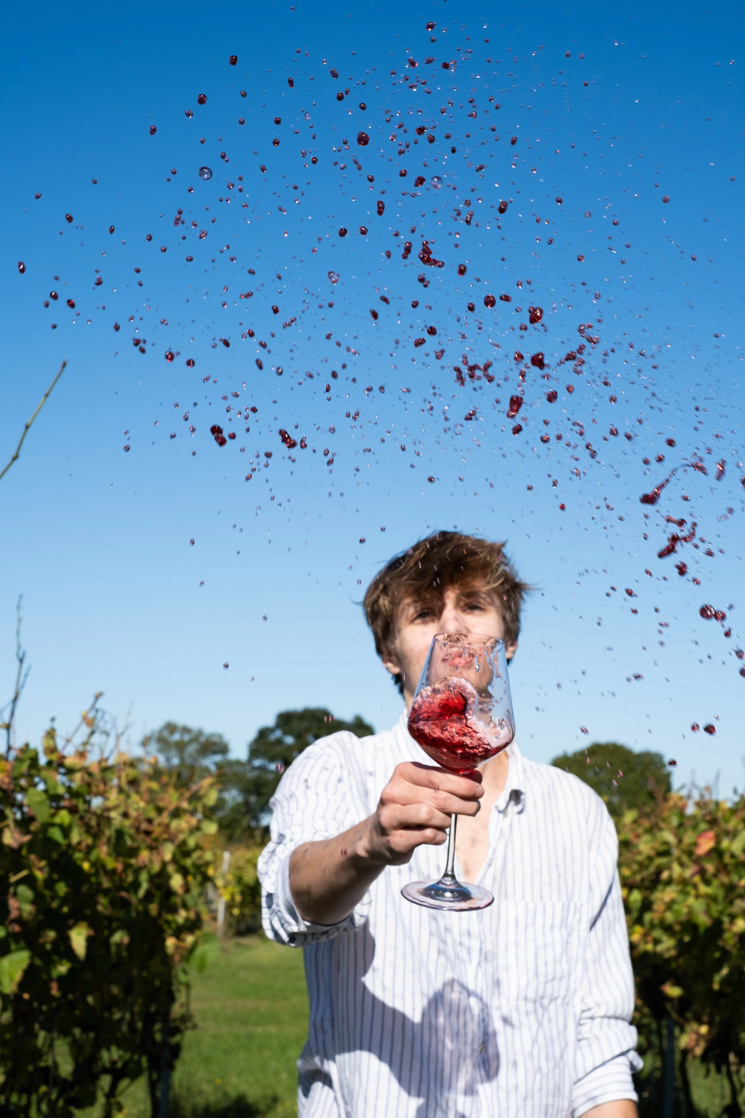 A person with curly hair wearing a striped shirt holds a glass of red wine and is being sprayed with red wine in an outdoor setting with green bushes and trees in the background.