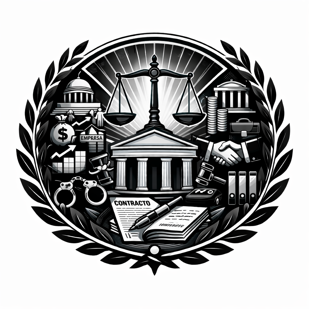 Símbolos de justicia, finanzas y derecho, como balanza, edificio gubernamental, contrato, firma, dinero, grilletes, apretón de manos y documentos legales, en un diseño en blanco y negro con una corona de laurel.