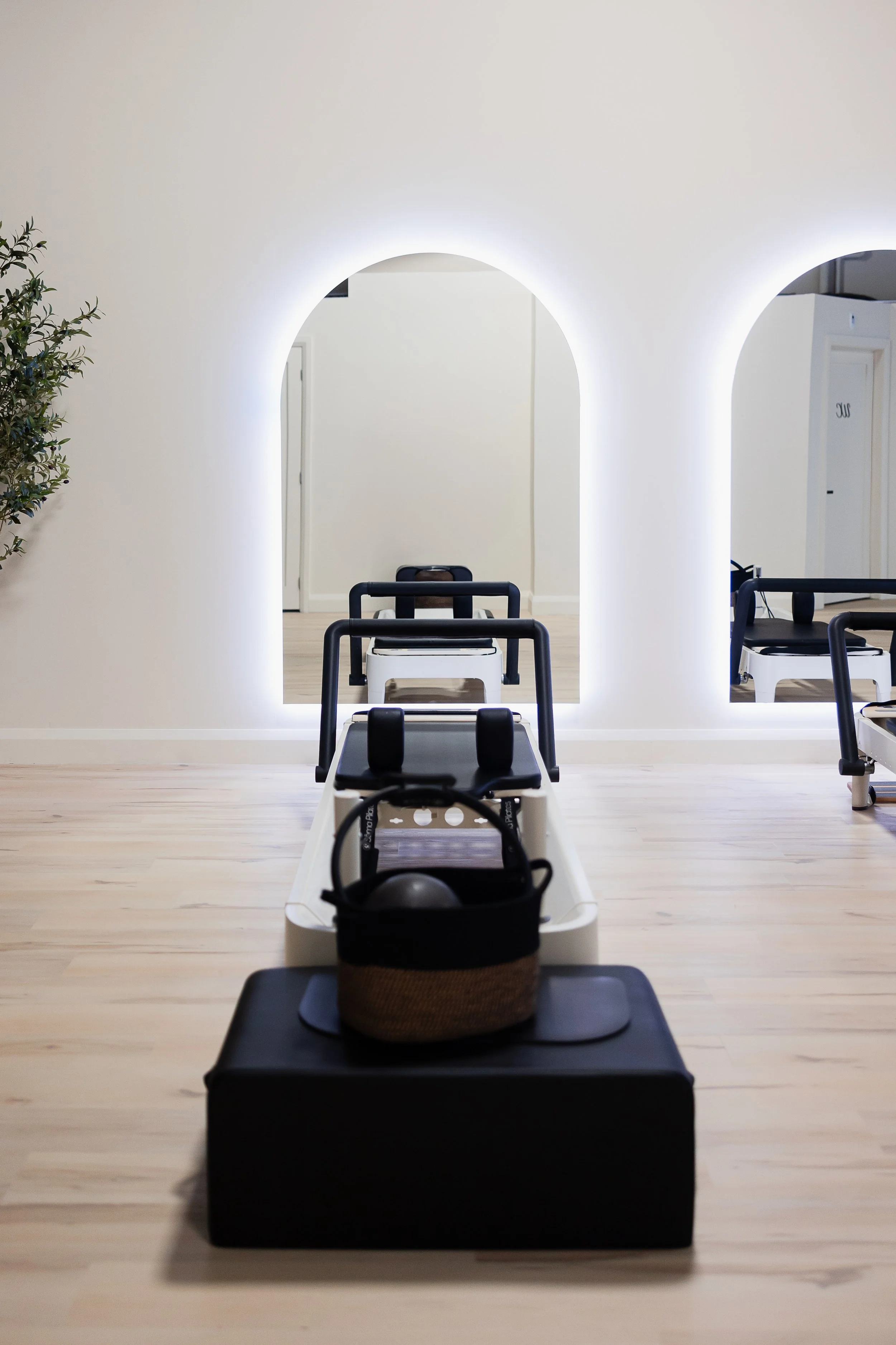 Indoor fitness studio with Pilates reformer machines aligned in the center, large mirror on the wall, and decorative plant on the side, illuminated by soft lighting.