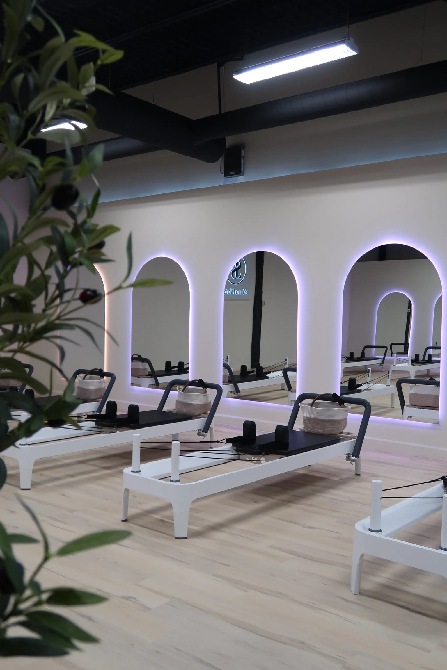 Pilates studio in ottawa with Pilates reformer machines, illuminated arched wall design, and overhead lighting.