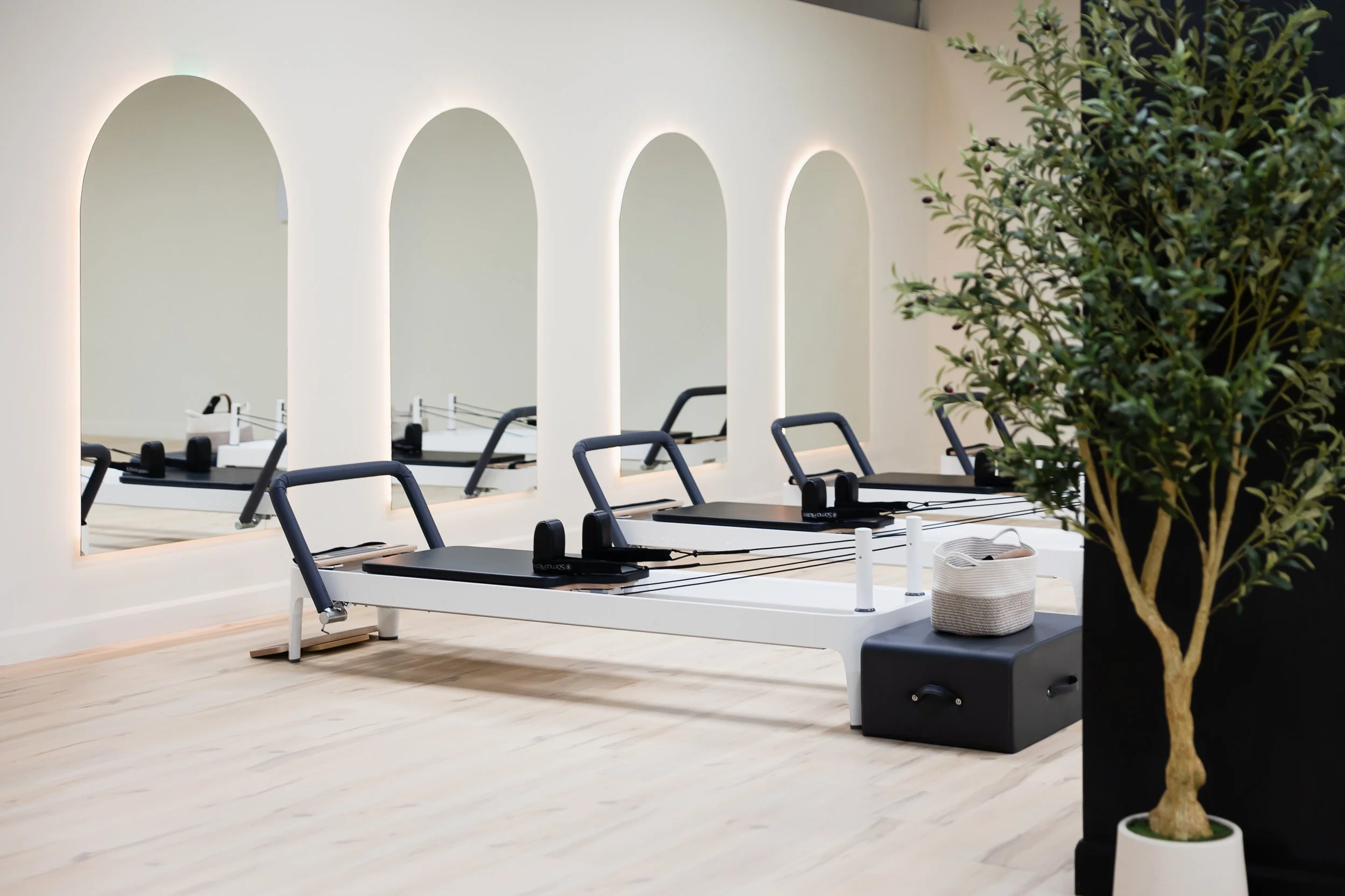A modern fitness studio with pilates reformers, a large mirror with arched lighting, and a potted tree.