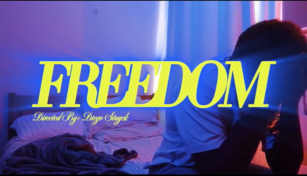 Título en amarillo que dice 'FREEDOM' y una persona con cabello largo, con la cabeza inclinada, en un ambiente con luces de colores