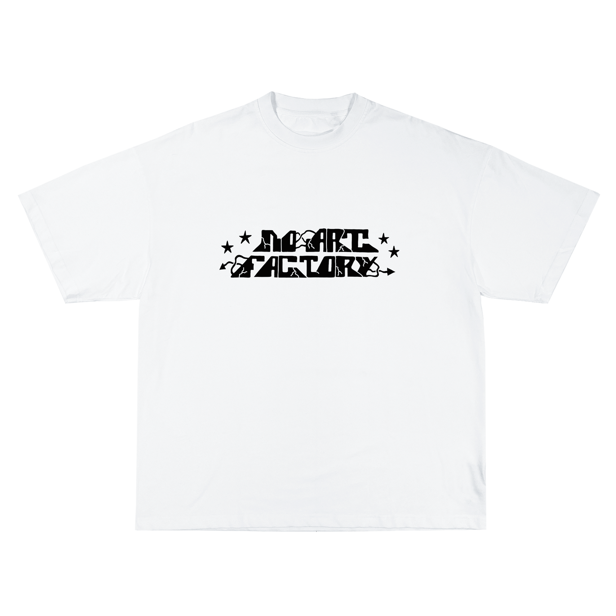 Camiseta blanca con texto en negro que dice 'No Card Factory' y tiene estrellas y flechas decorativas.
