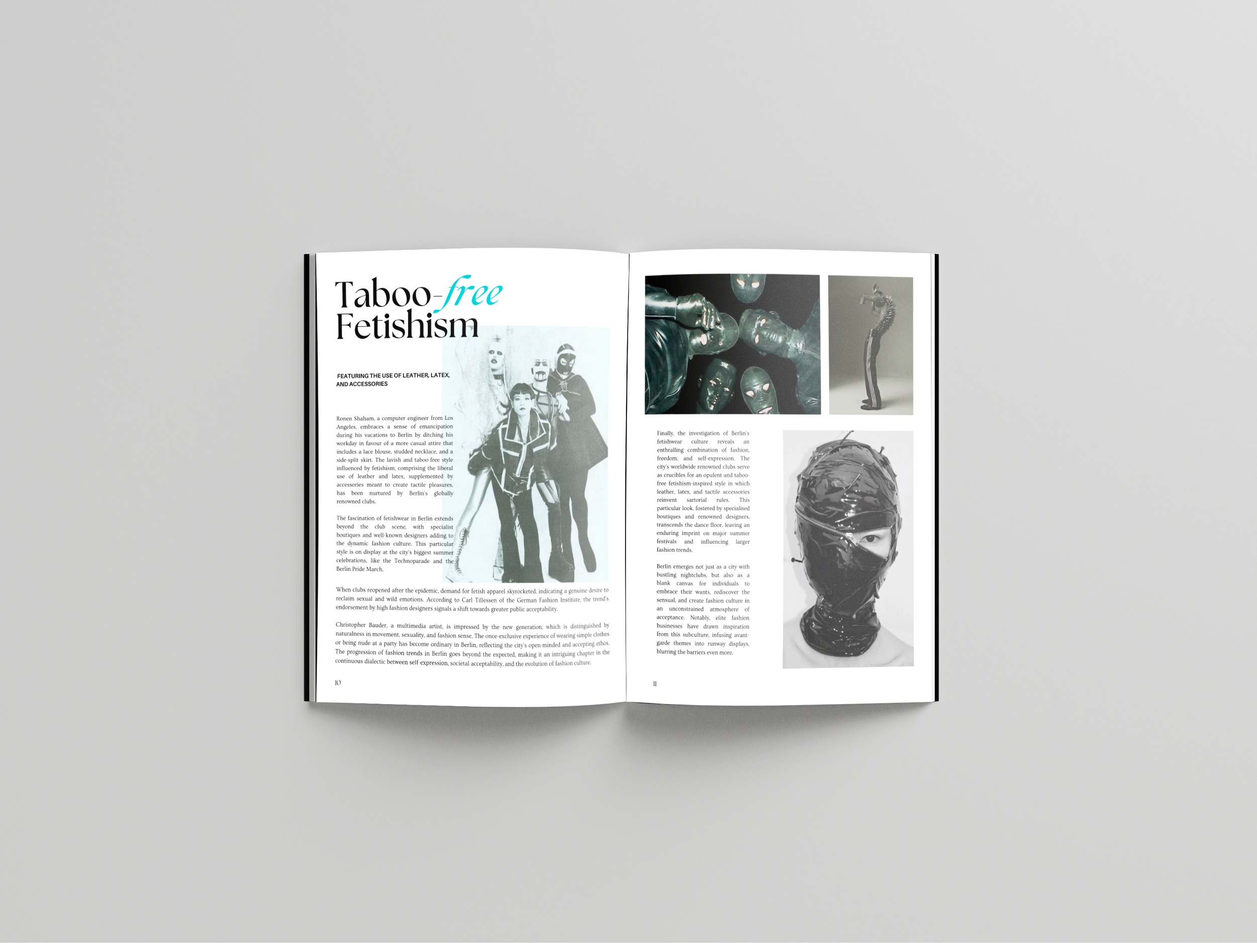 Revista abierta con texto y fotos en blanco y negro sobre fetichismo libre y cultura de Berlín, con imágenes de máscaras y accesorios de cuero.