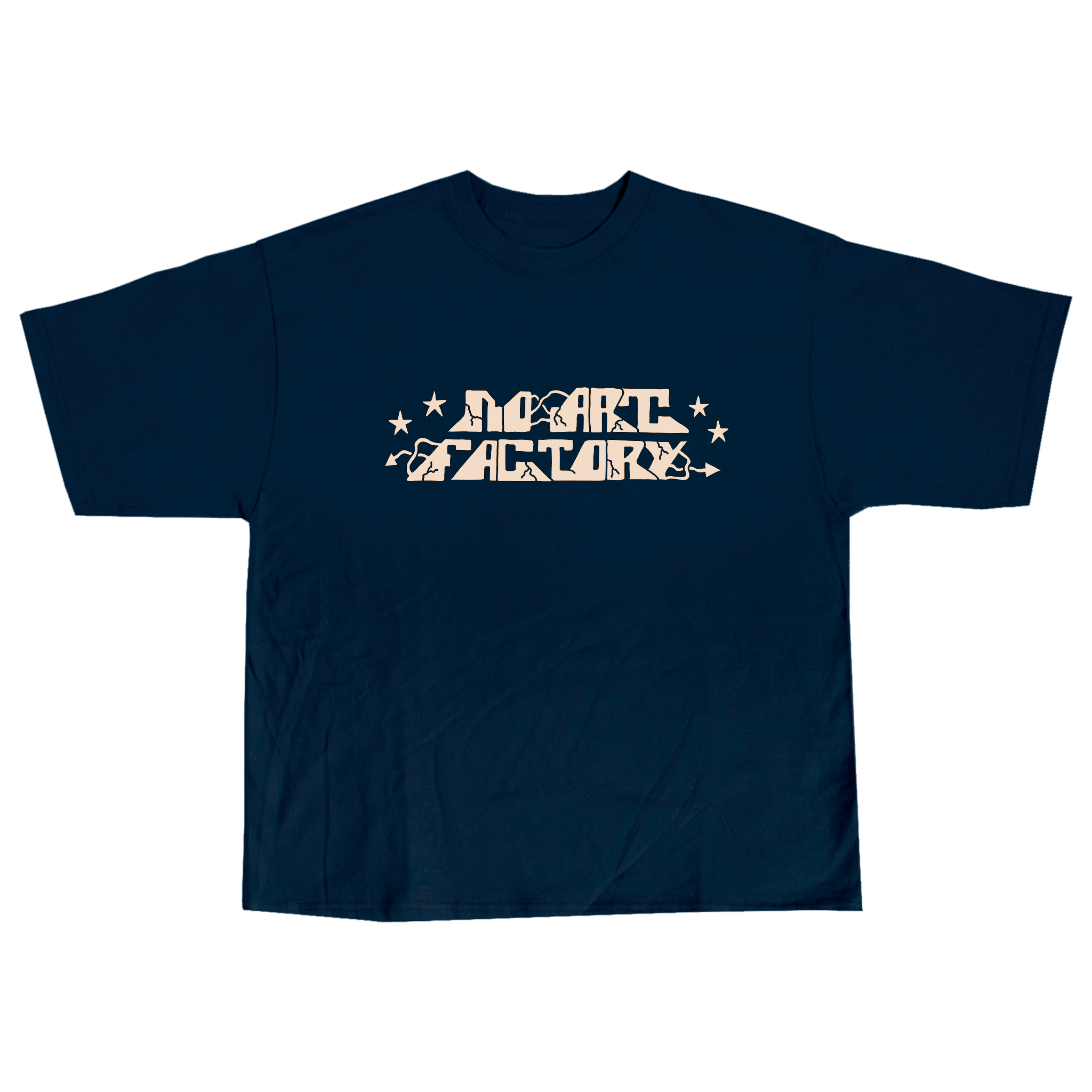 Camiseta con el logo de No Art, Art, and Factory, en colores claros y con estrellas y flechas decorativas.