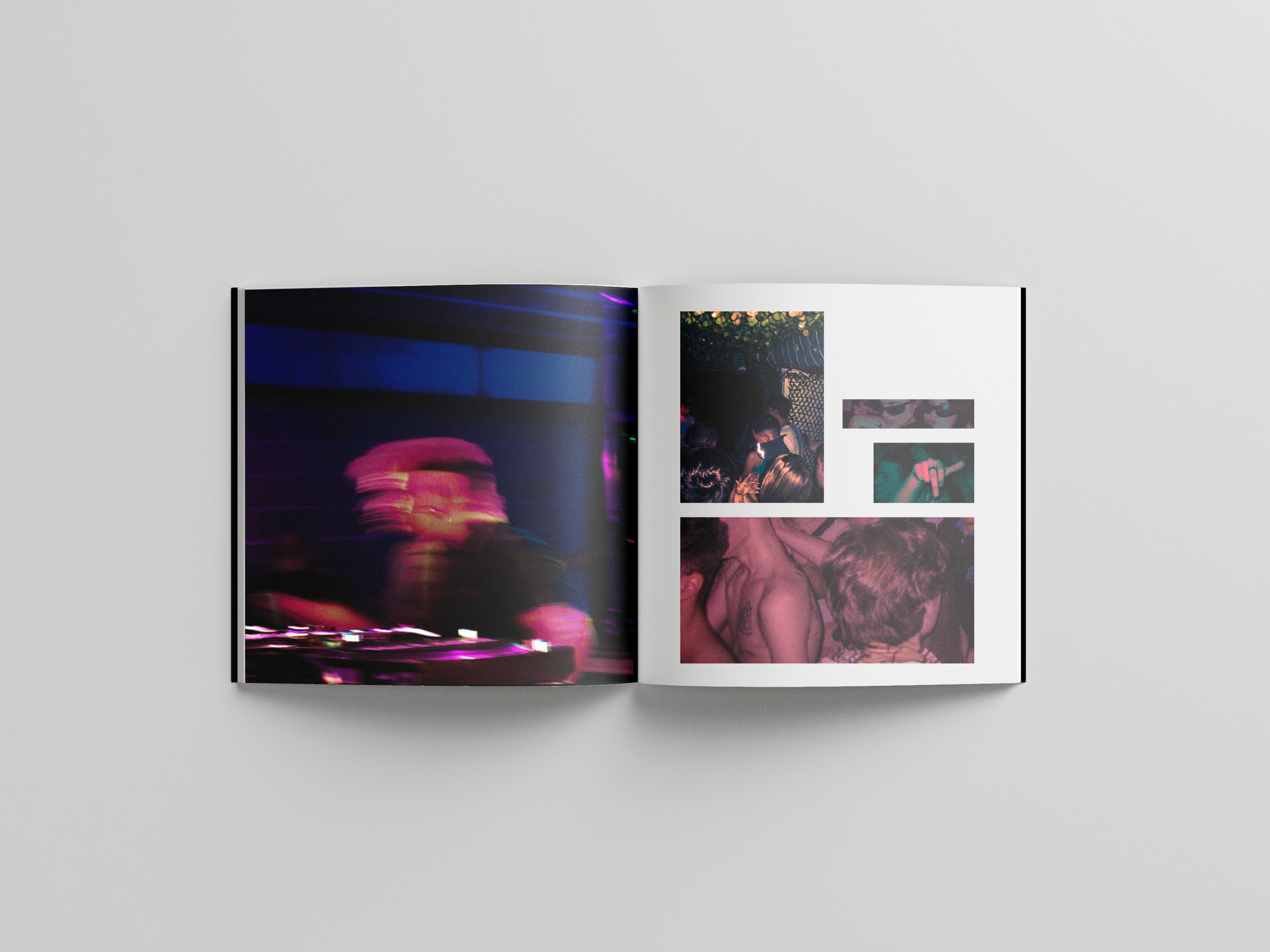Página de un libro con fotografías de una fiesta o club nocturno, con personas bailando y luces de colores.