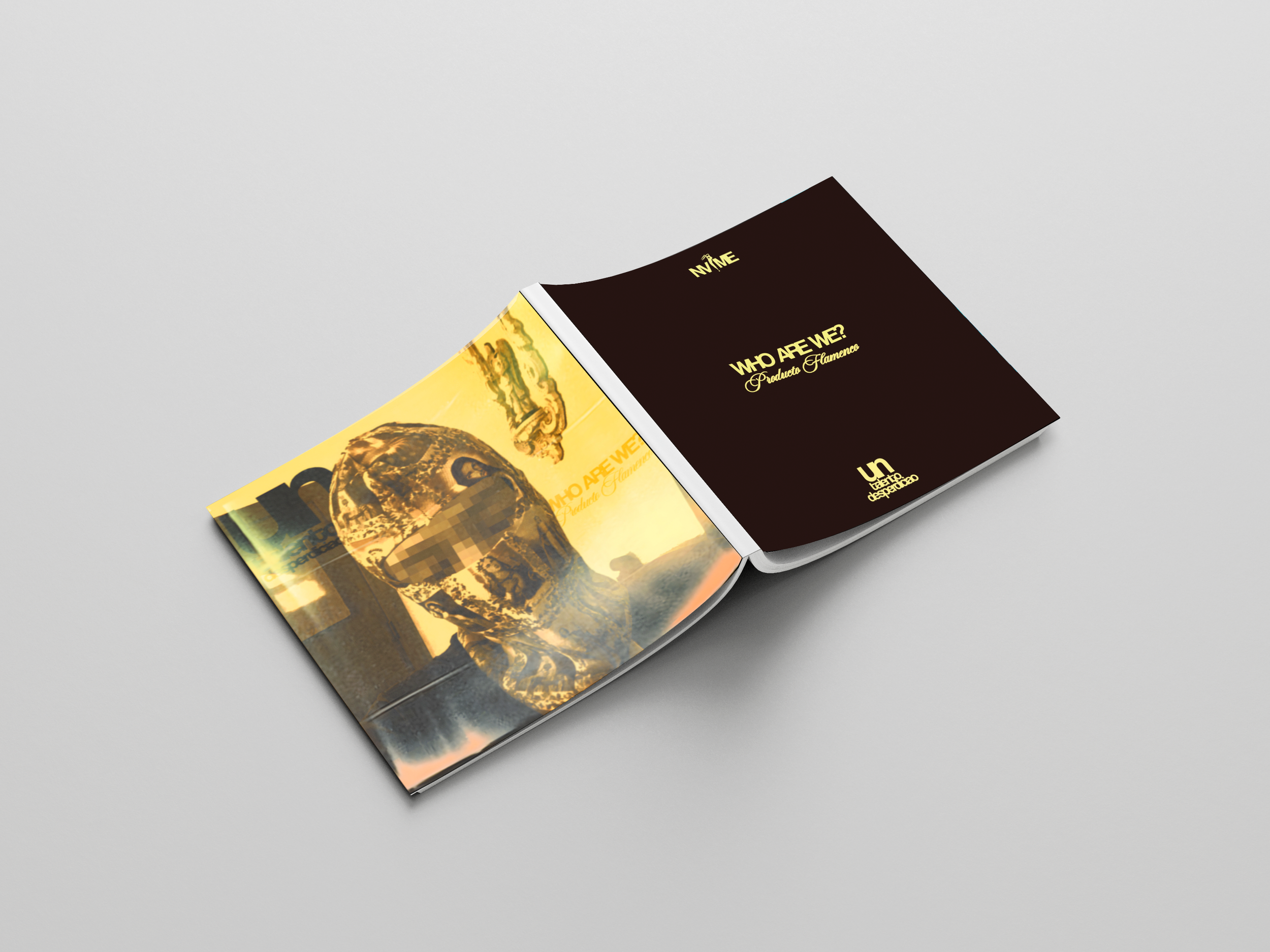 Un folleto abierto con una portada negra que dice 'WHO ARE WE?' y debajo 'Producto Flamenco', y una página interior con una imagen de un casco con pixelación y texto en colores oscuros y dorados.