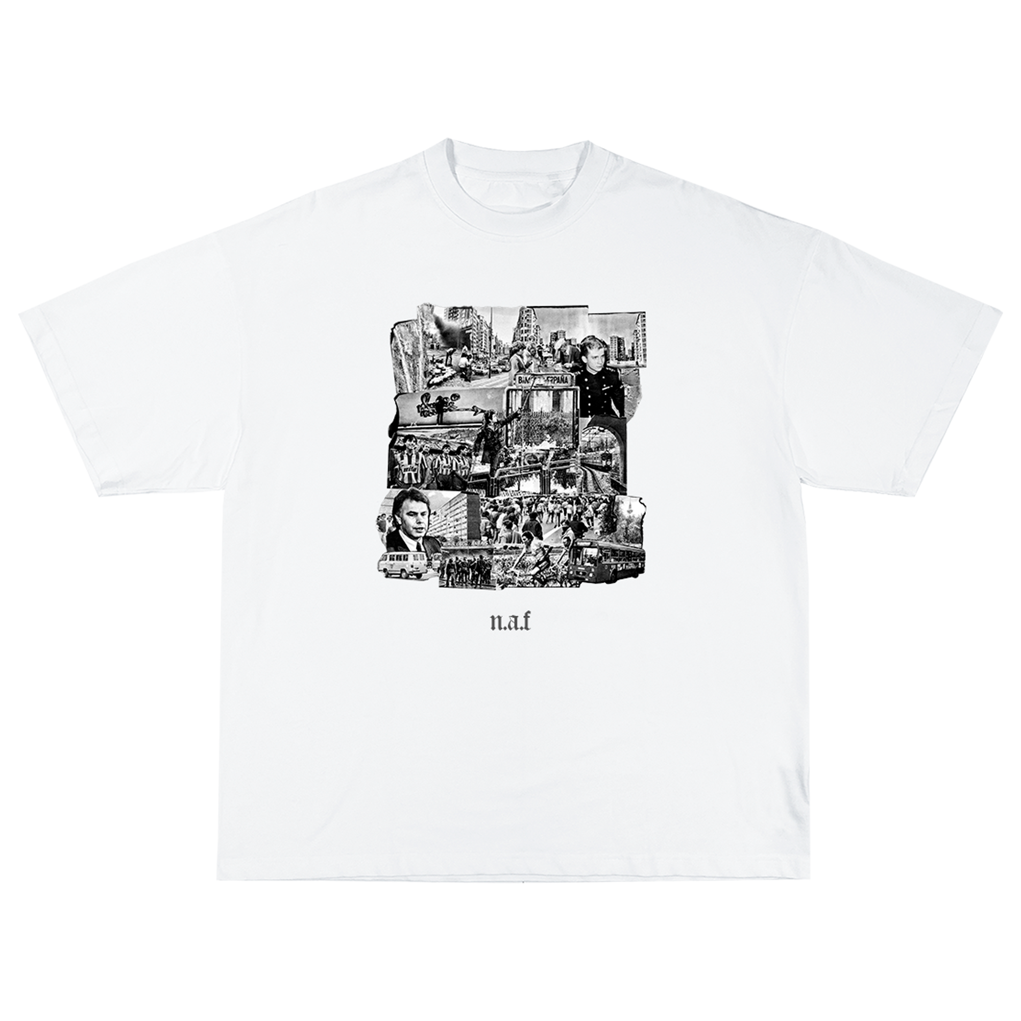 Camisa blanca con collage de fotos en blanco y negro, incluyendo escenas urbanas, personas, transporte y una figura masculina, con las letras 'n.a.f' debajo del collage.