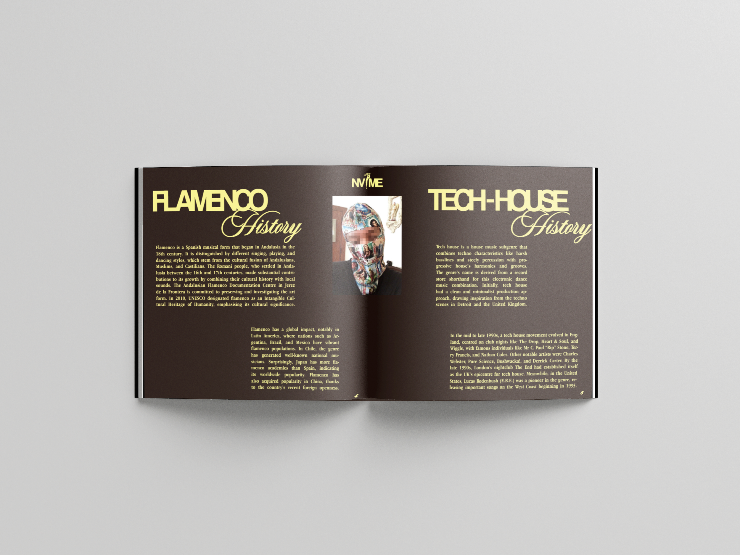 Abierto de un libro que muestra páginas de historia de Flamenco y Tech-House, con texto en inglés y una imagen central de una figura con máscara decorativa.