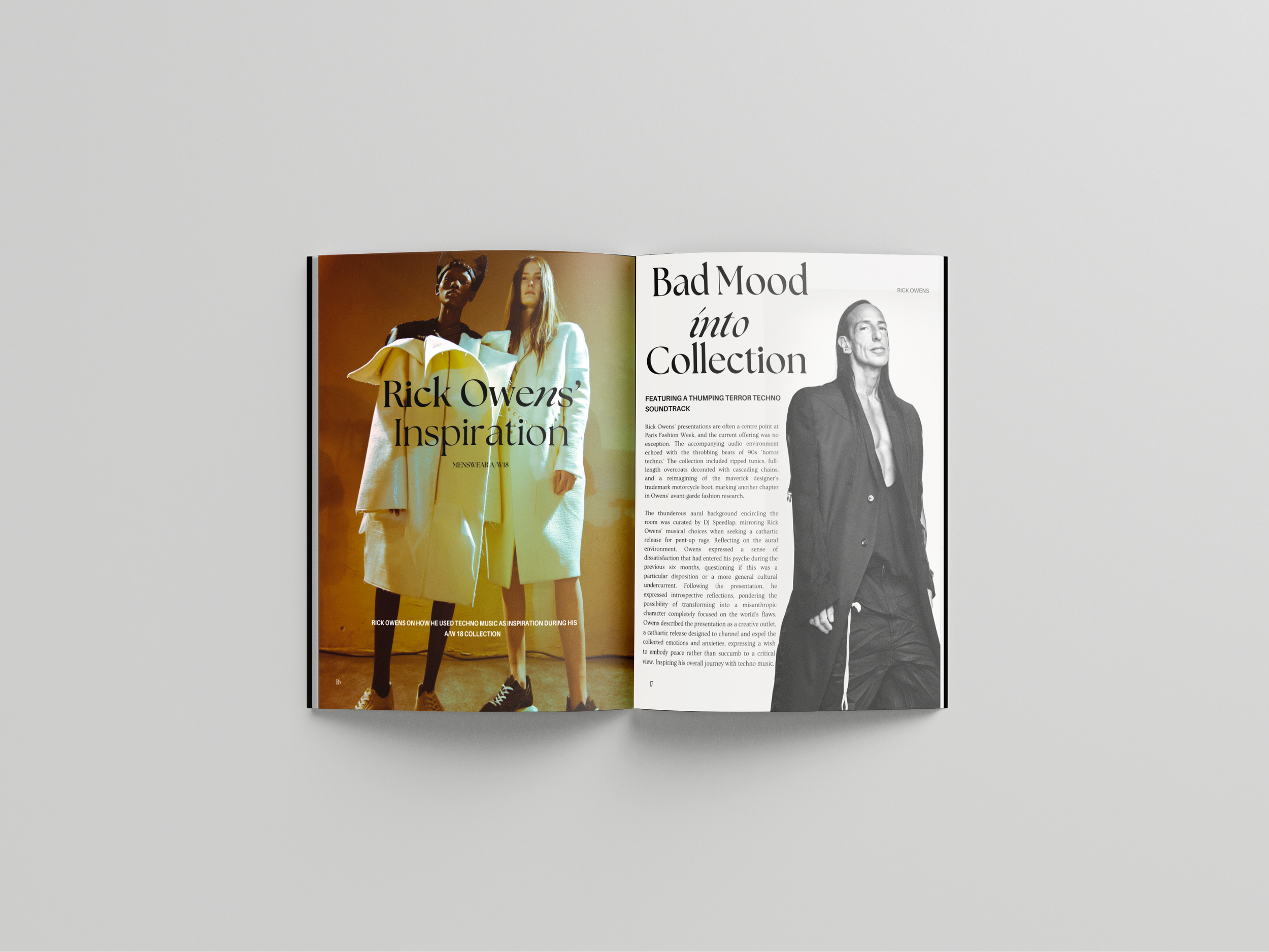 Revista abierta con una página a color con dos modelos en ropa de moda y otra en blanco y negro, con encabezados que dicen 'Bad Mood into Collection' y 'Rick Owens' Inspiration'.