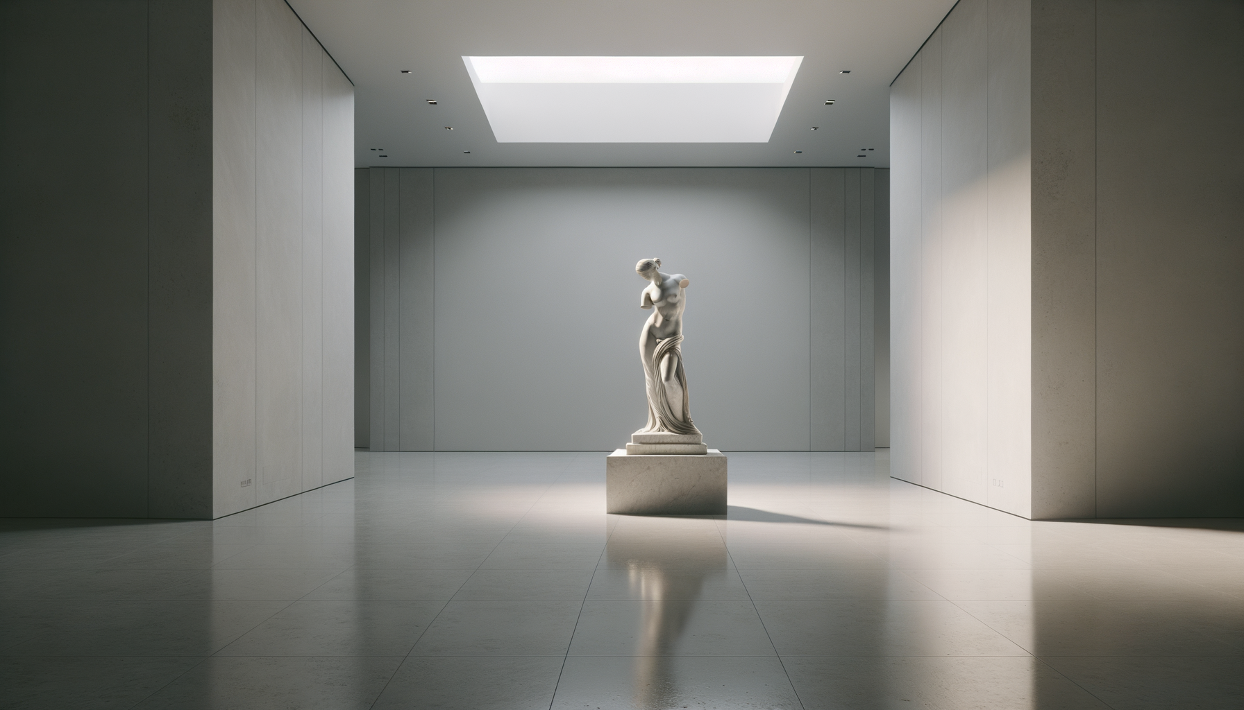 Ancient marble sculpture of a female figure in a modern, minimalist museum gallery with skylight.