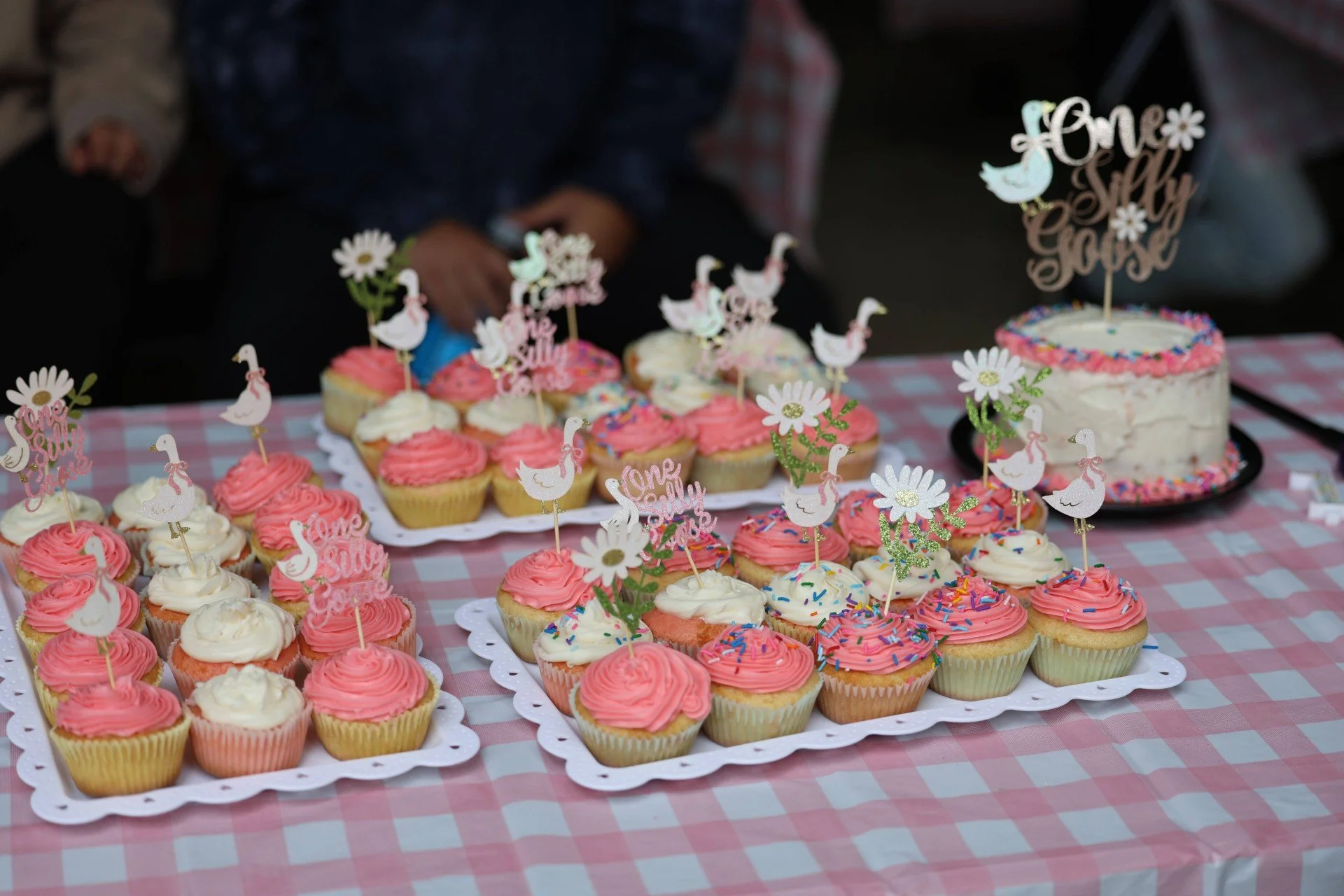 Table with pink and white cupcakes decorated with swan and flower toppers, and a small cake with "One Silly Goose" topper, all on a pink checkered tablecloth.