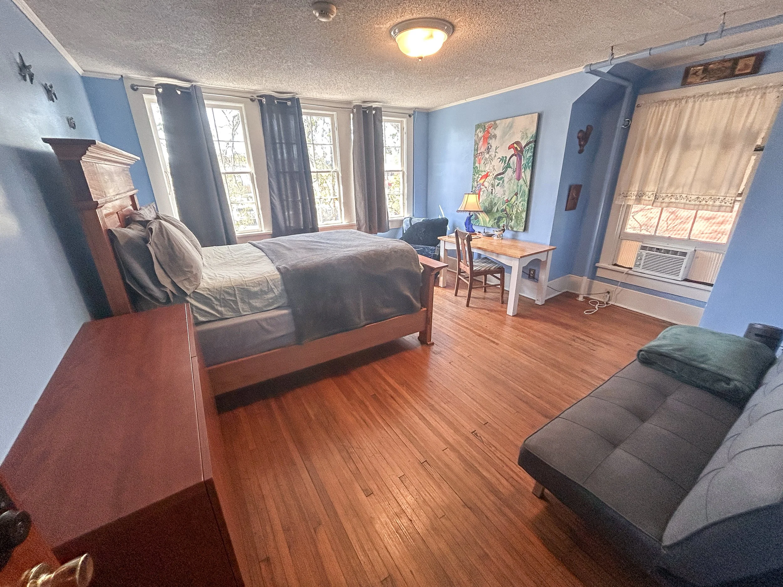 A bedroom with a bed, a desk with a lamp, a sofa, hardwood floors, and windows with curtains, painted blue walls, and decorative items.