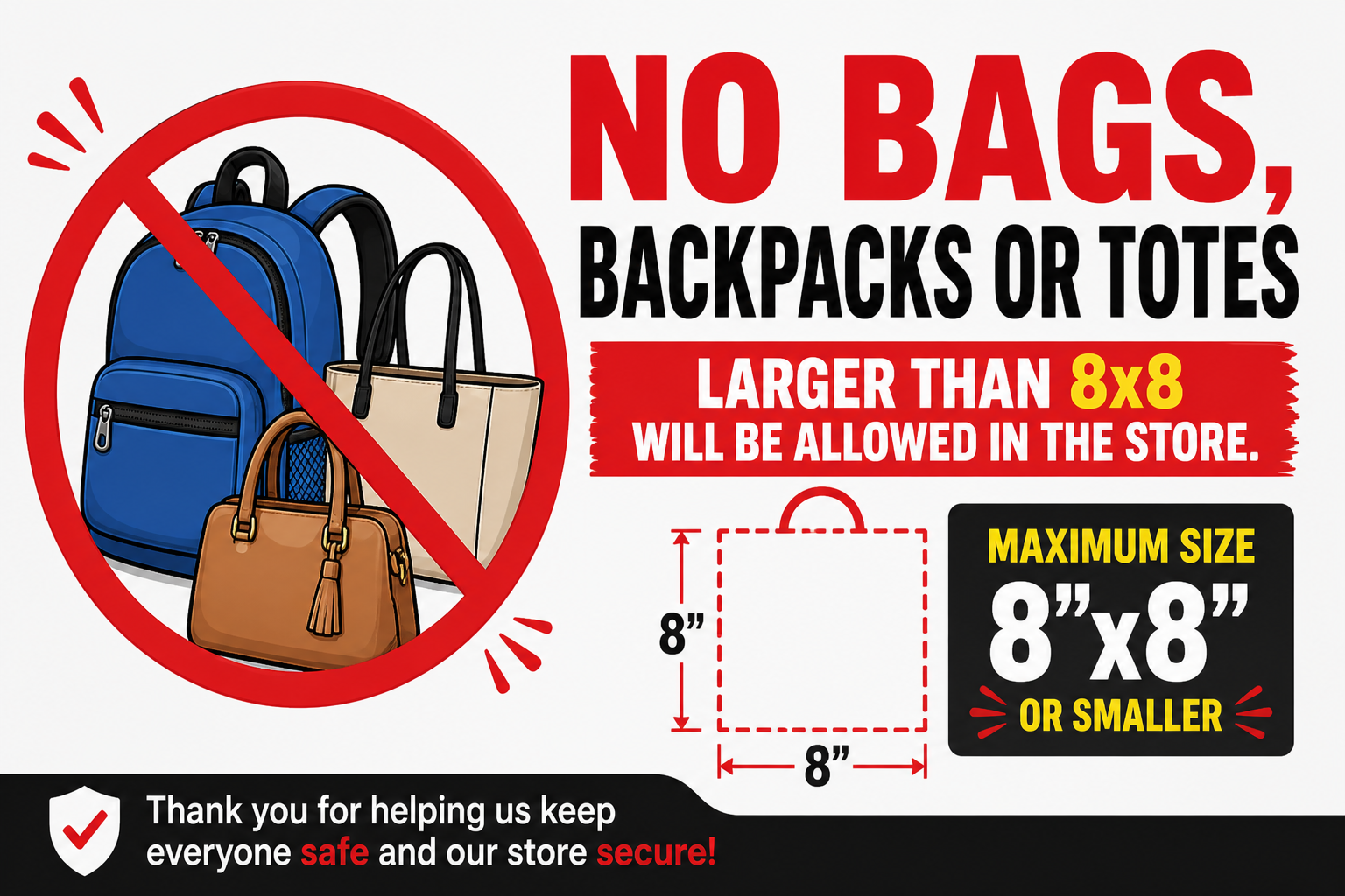 Bag policy for inside Carl's Closet facility.