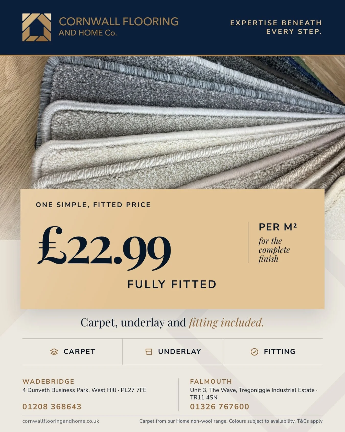 ONE PRICE. EVERYTHING INCLUDED. 
New carpet without the confusing extras.
For just &pound;22.99 per m&sup2; FULLY FITTED, you&rsquo;ll get: ✔️ Carpet
✔️ Underlay
✔️ Professional fitting
That&rsquo;s it. One simple price for the complete finish. 

Per
