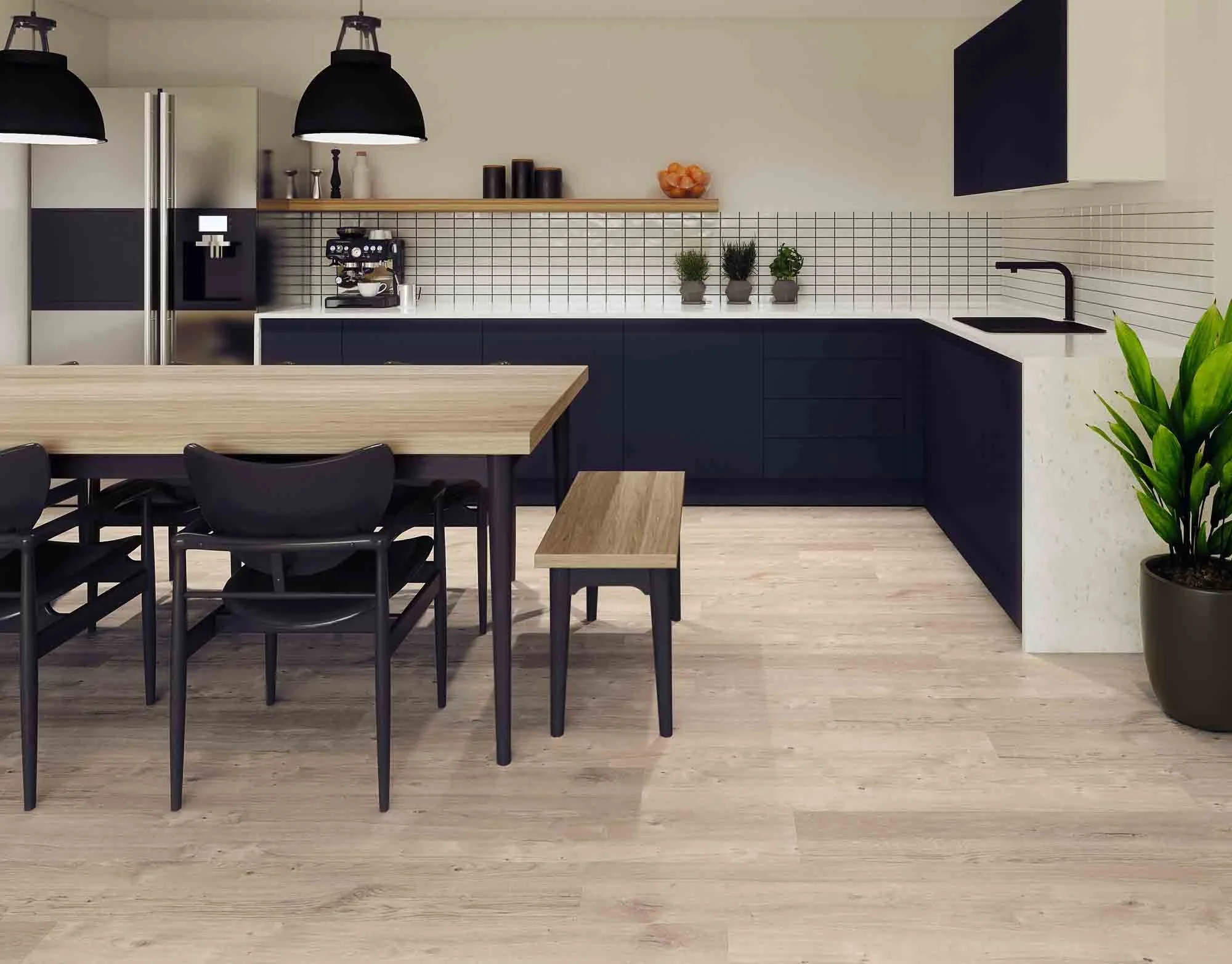 Laminate flooring in a modern kitchen - linking to more information on Laminate flooring