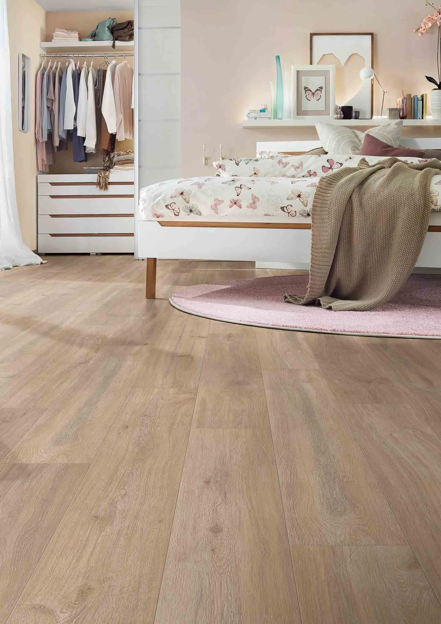 Whitewashed Laminate Flooring in a bedroom