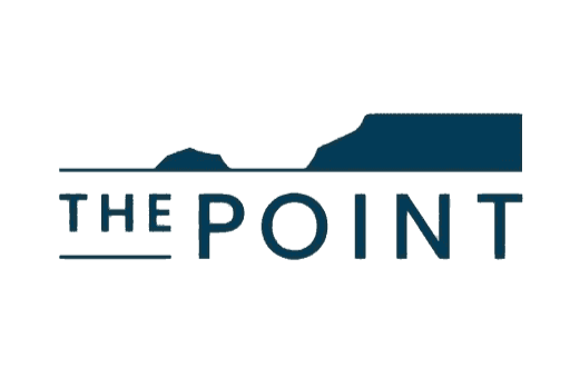 Logo for The Point, featuring a silhouette of a landscape with a small hill and a larger plateau in shades of blue.