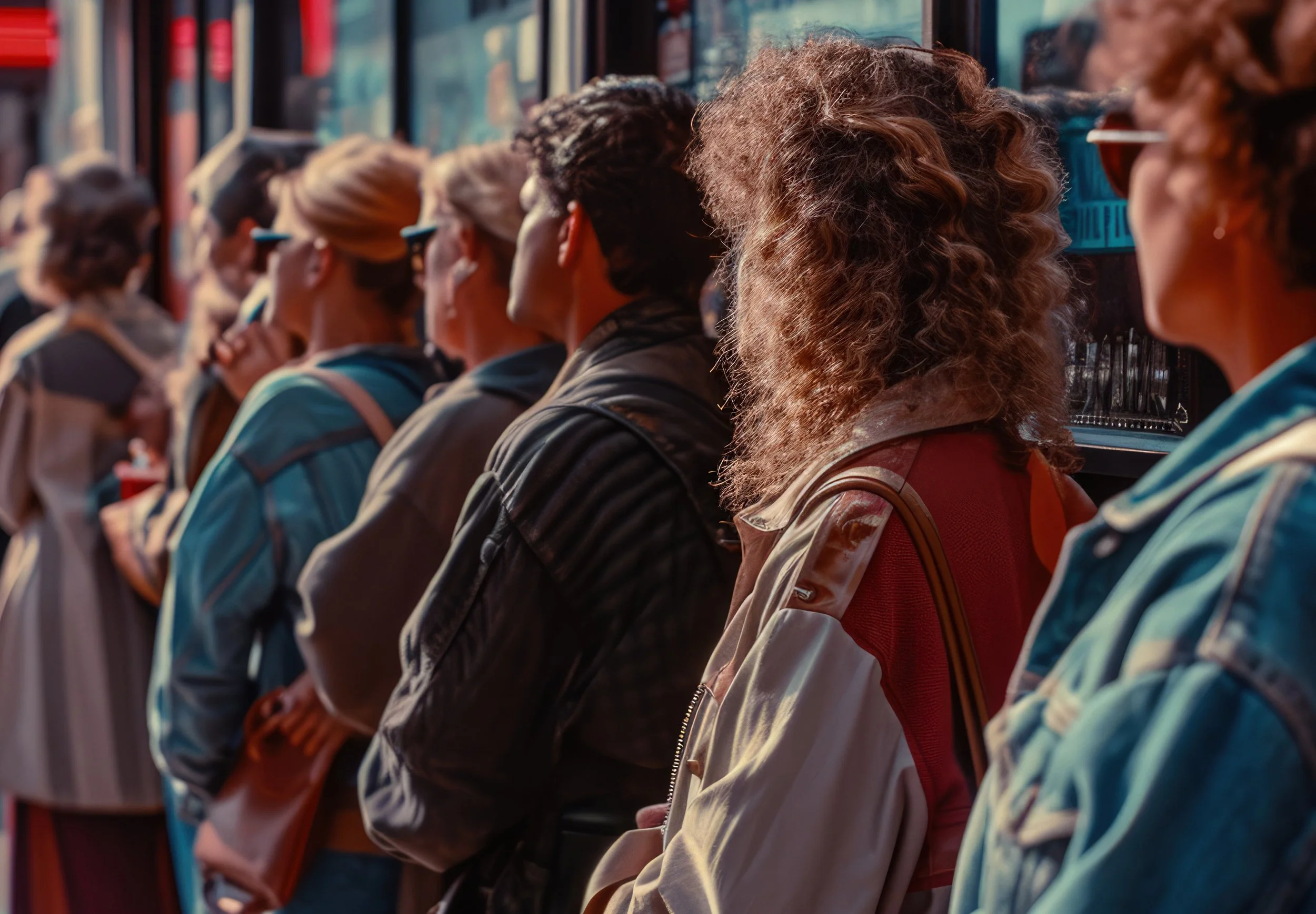 Pessoas de cabelo cacheado e cabelo curto esperando em fila em uma estação de metrô.