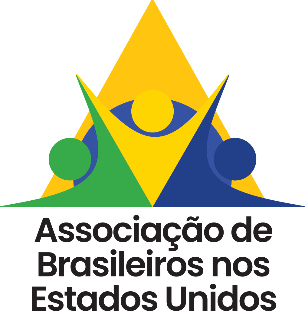 Logotipo da Associação de Brasileiros nos Estados Unidos, com elementos gráficos em verde, amarelo, azul e preto, e texto em português.