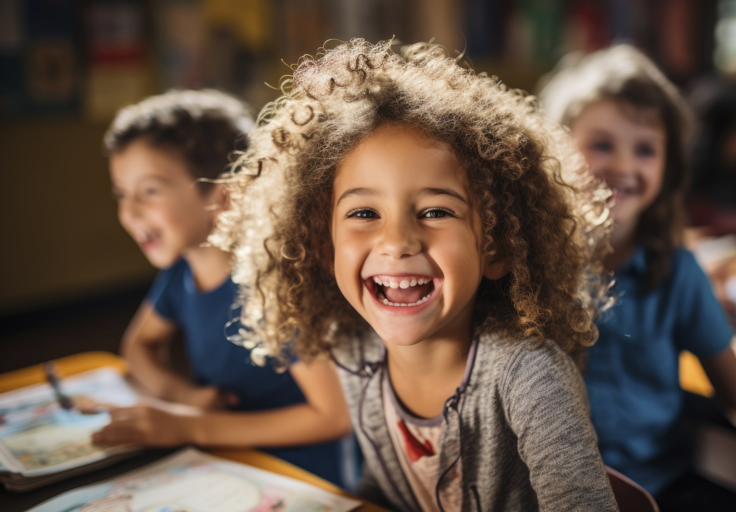 Crianças sorrindo felizes em sala de aula, com uma menina de cabelo encaracolado na frente, ao centro, e outras duas atrás, ao fundo, em ambiente com livros ao fundo.