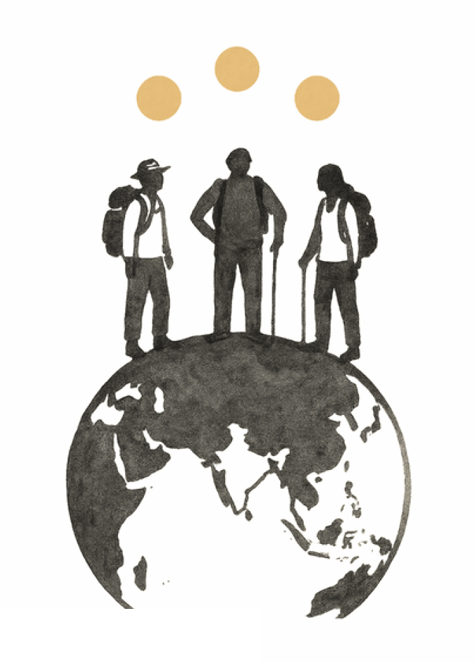 Trois personnes avec des sacs à dos debout sur un globe terrestre, avec trois cercles oranges au-dessus.