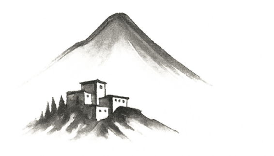A monochrome painting depicting a mountain in the background and a small village with buildings in the foreground.
