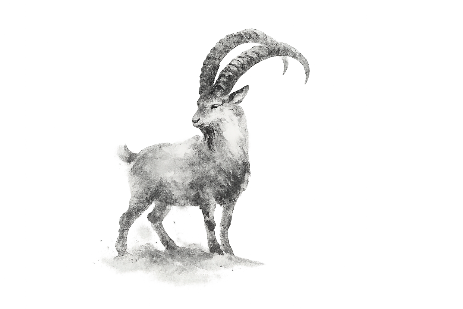 A monochrome drawing of a chamois with long, curved horns, roaring or yelling, on a black background.