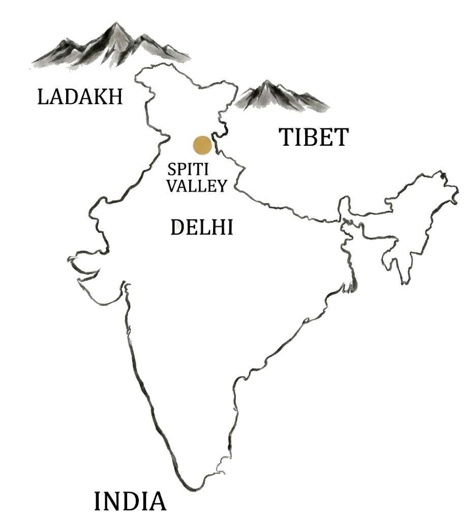 Map of India highlighting Ladakh, Tibet, Spiti Valley, Delhi, and part of the Himalayas.