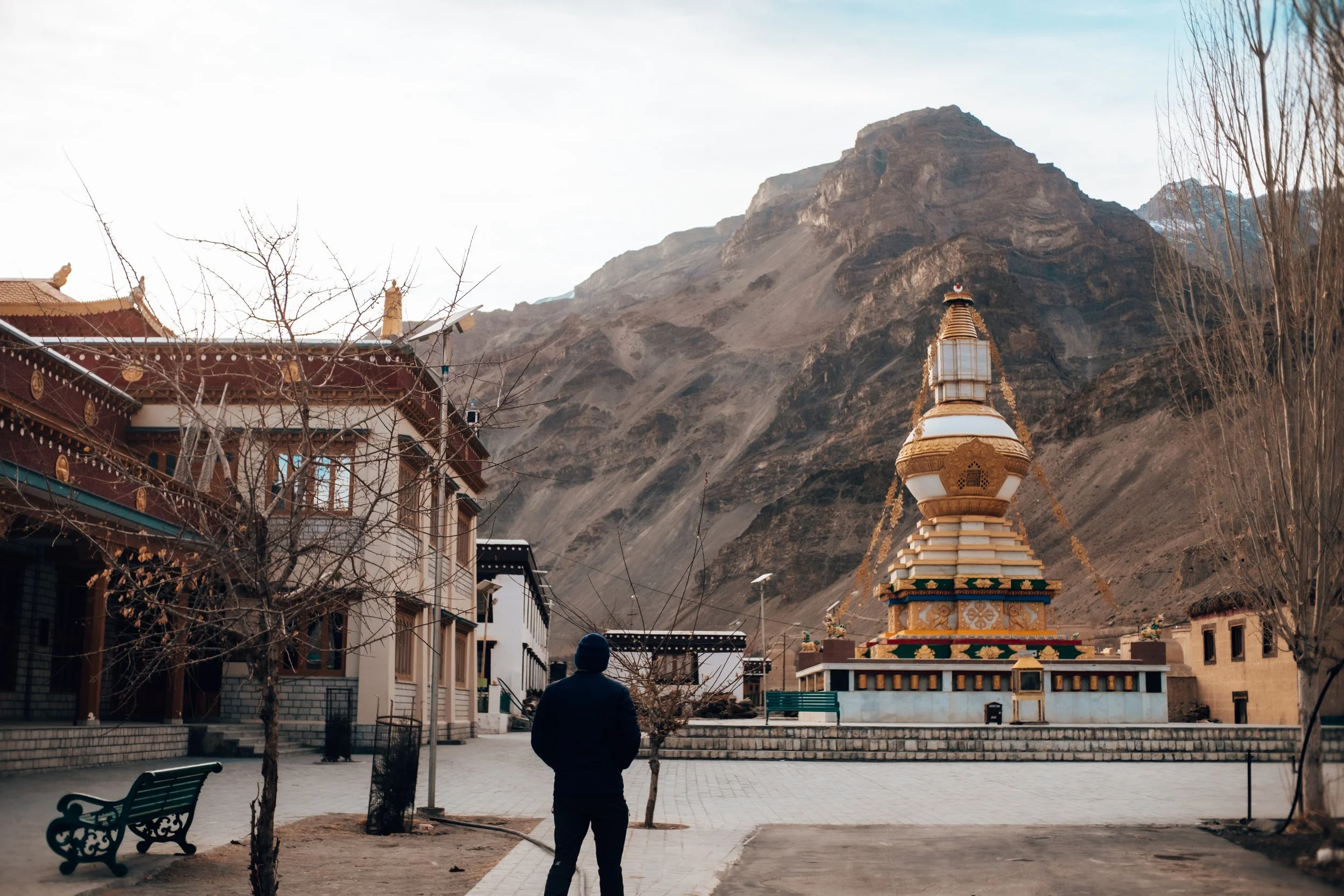 Une personne debout, vue de dos, regarde une stupa tibétaine dans une place, avec des montagnes montagneuses en arrière-plan. Il y a quelques arbres sans feuilles et des bancs dans la place.