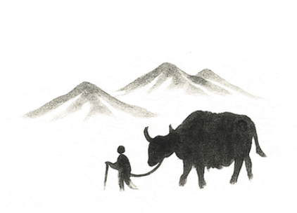 Night scene with snow-covered mountains, a person, and a yeti in a winter landscape.