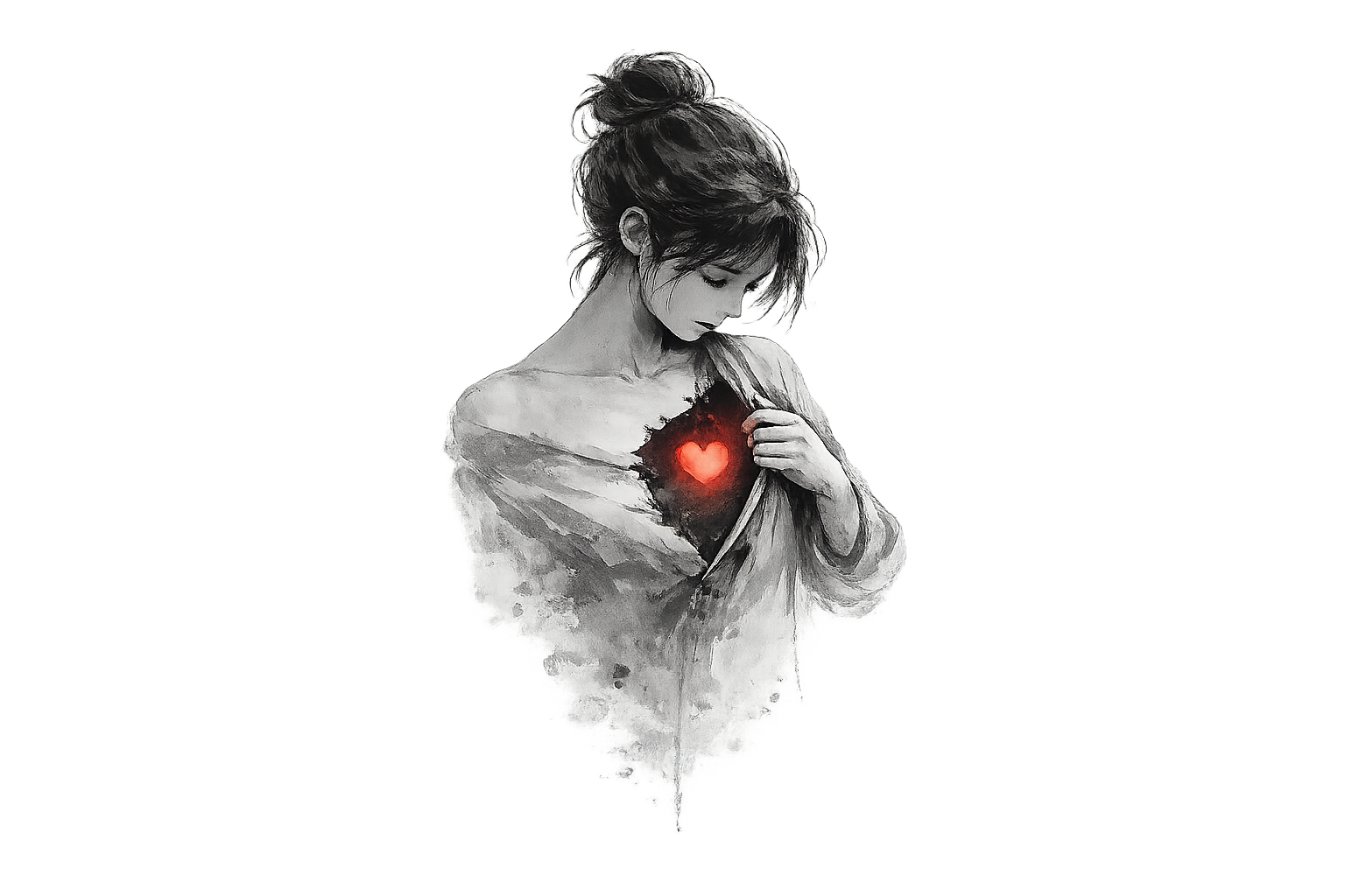 A black-and-white sketch of a woman with short hair looking down, with her hand pulling aside her shirt to reveal a glowing red heart on her chest.