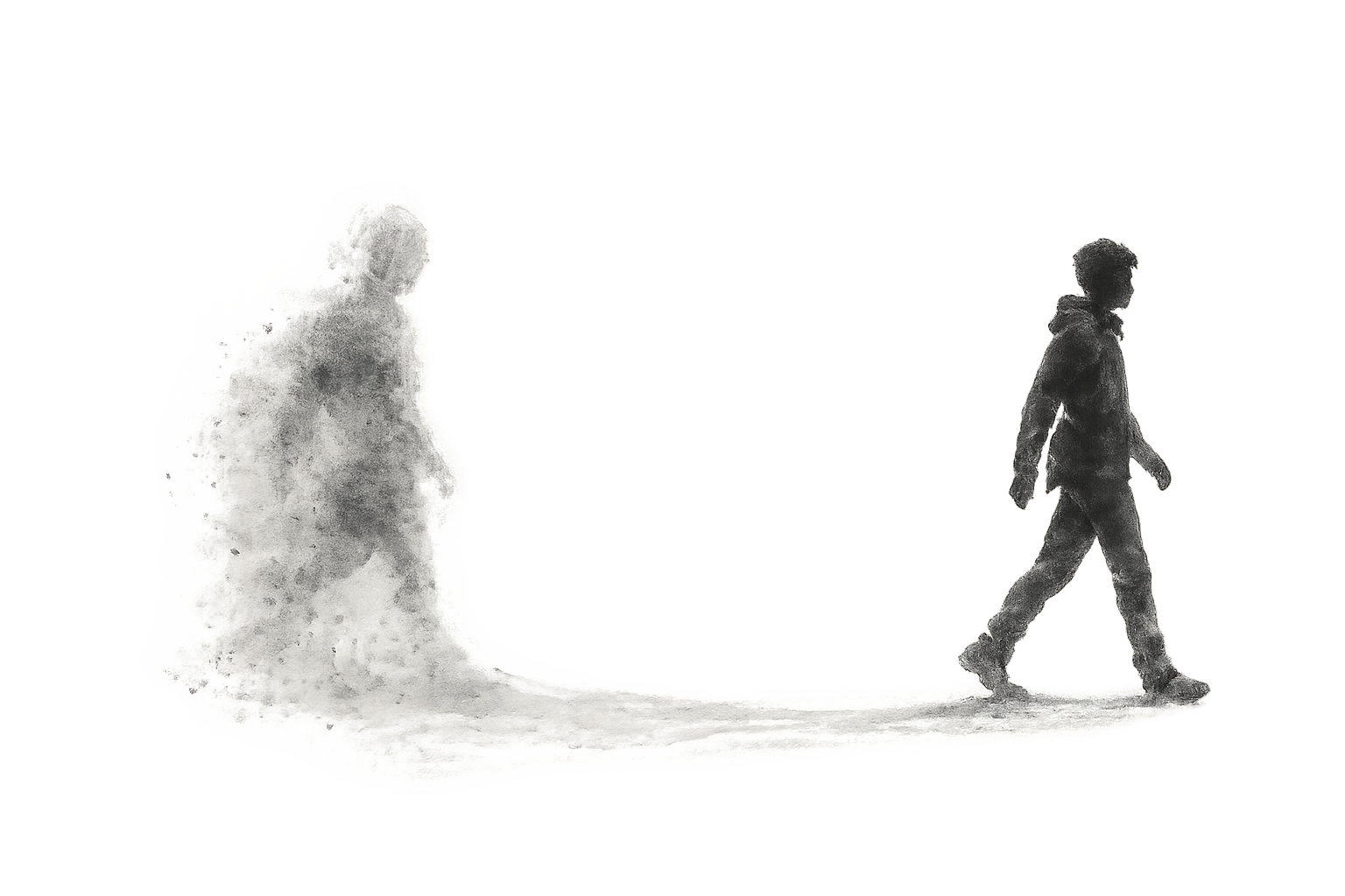 An urban scene with two human silhouettes — one sitting on the left, the other walking on the right — in an abstract style with print effects.