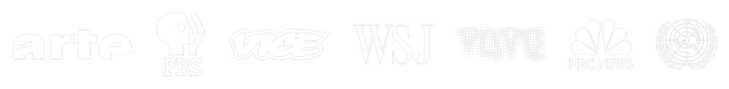 Logos of different media outlets including Arte, PBS, Vice, WSJ, TMT, NBC News, and the United Nations on a black background.