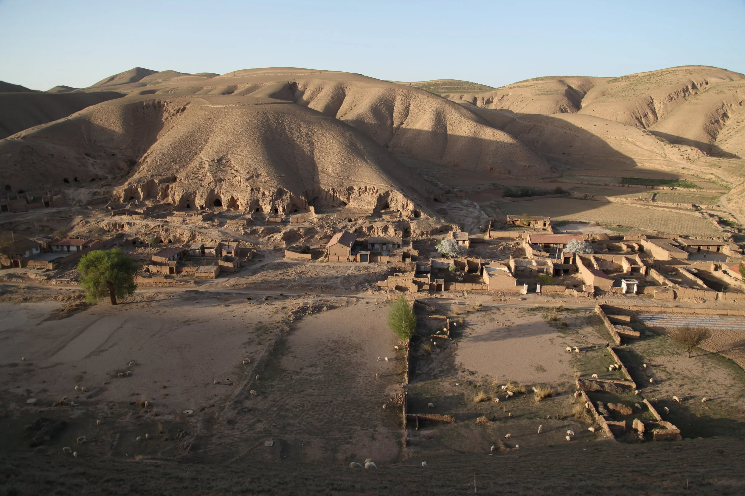 A desert landscape with small traditional houses and cultivated fields at the base of arid hills with caves or dwellings in the hillside.
