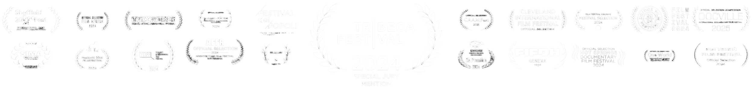 Multiple film festival laurels and awards from various international festivals for 2024, including Sheffield, Hong Kong, Rome, Cleveland, Docufest, and others, displayed on a black background.