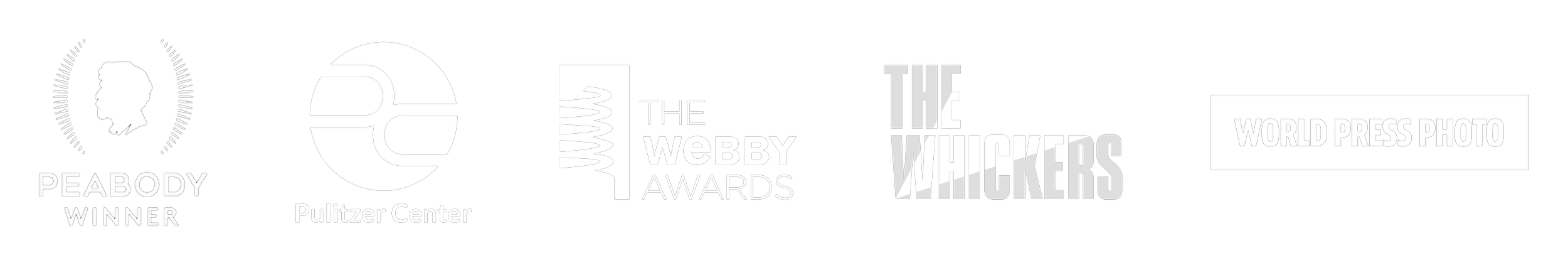 Logos of Peabody Award, Pulitzer Center, Webby Awards, The Whickers, and World Press Photo on a black background.