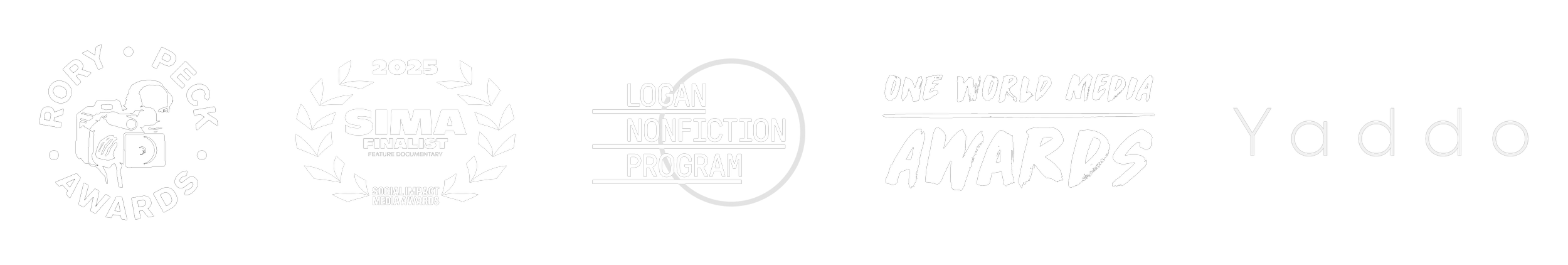 Black banner with white logos and text announcing the 2023 Rory Peck Awards, SIMA finalist documentary, Logan Nonfiction Program, One World Media Awards, and Yaddo.
