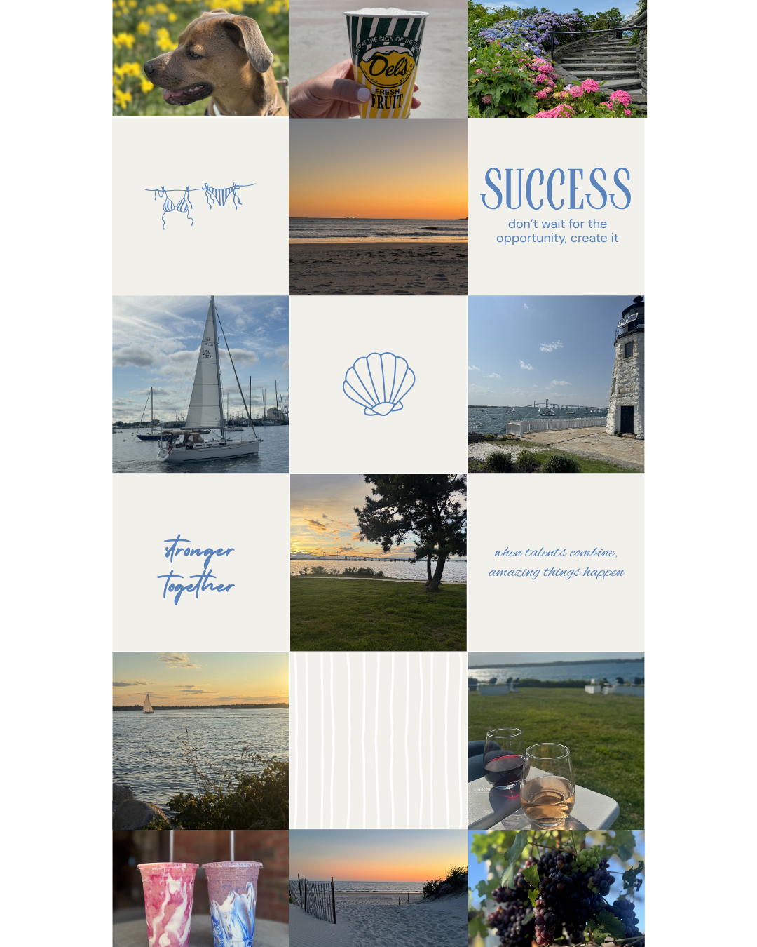 A collage of images including a dog, a hand holding a cup, colorful flowers, sunset over water, sailboat, seashell, lighthouse, scene with trees, two glasses of wine, glasses of smoothies, beach scene, and grapes, with inspirational and motivational text about success and teamwork.