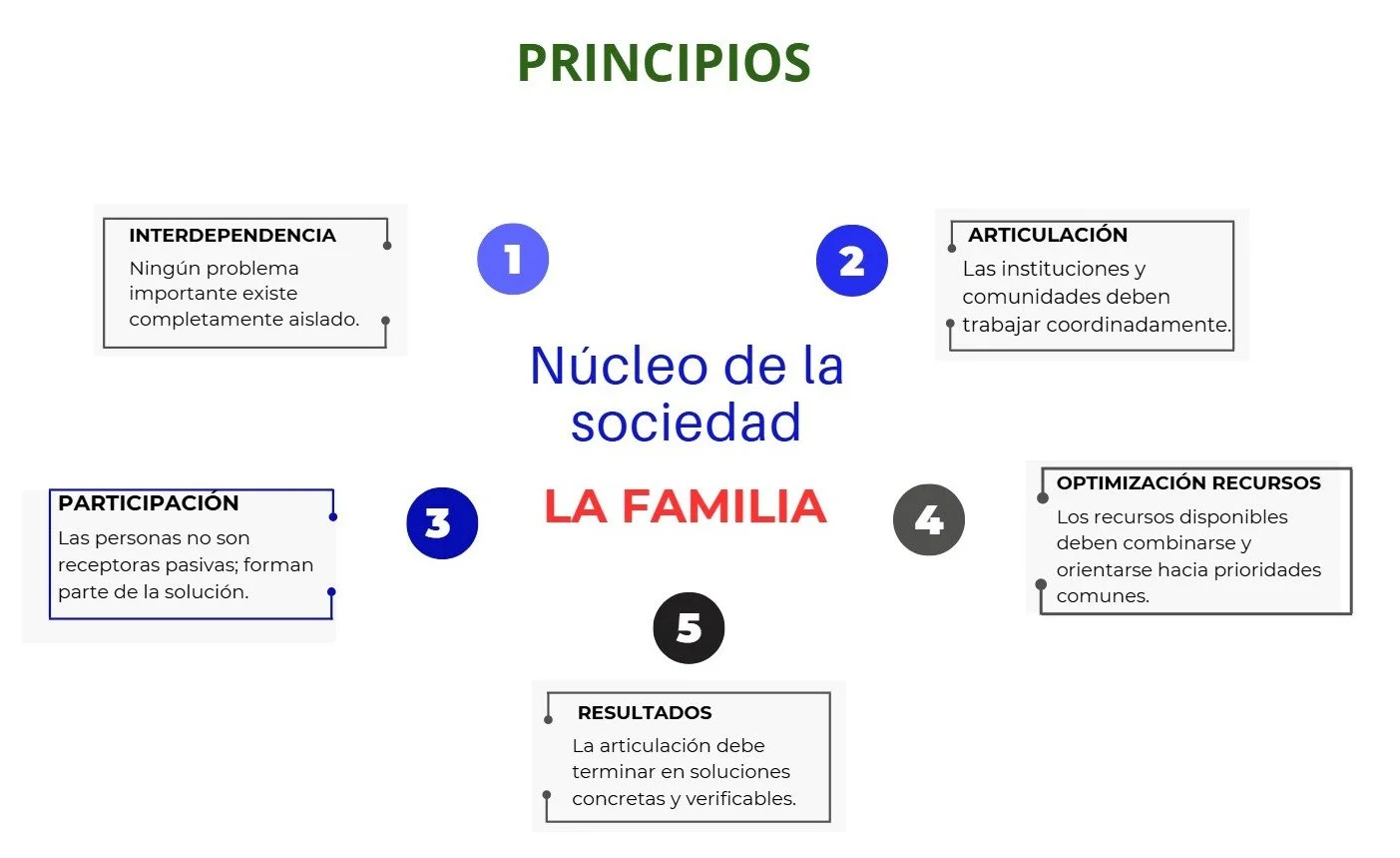 Principios del Enfoque Celular: interdependencia, articulación, participación, optimización de recursos y resultados alrededor de la sociedad y la familia.