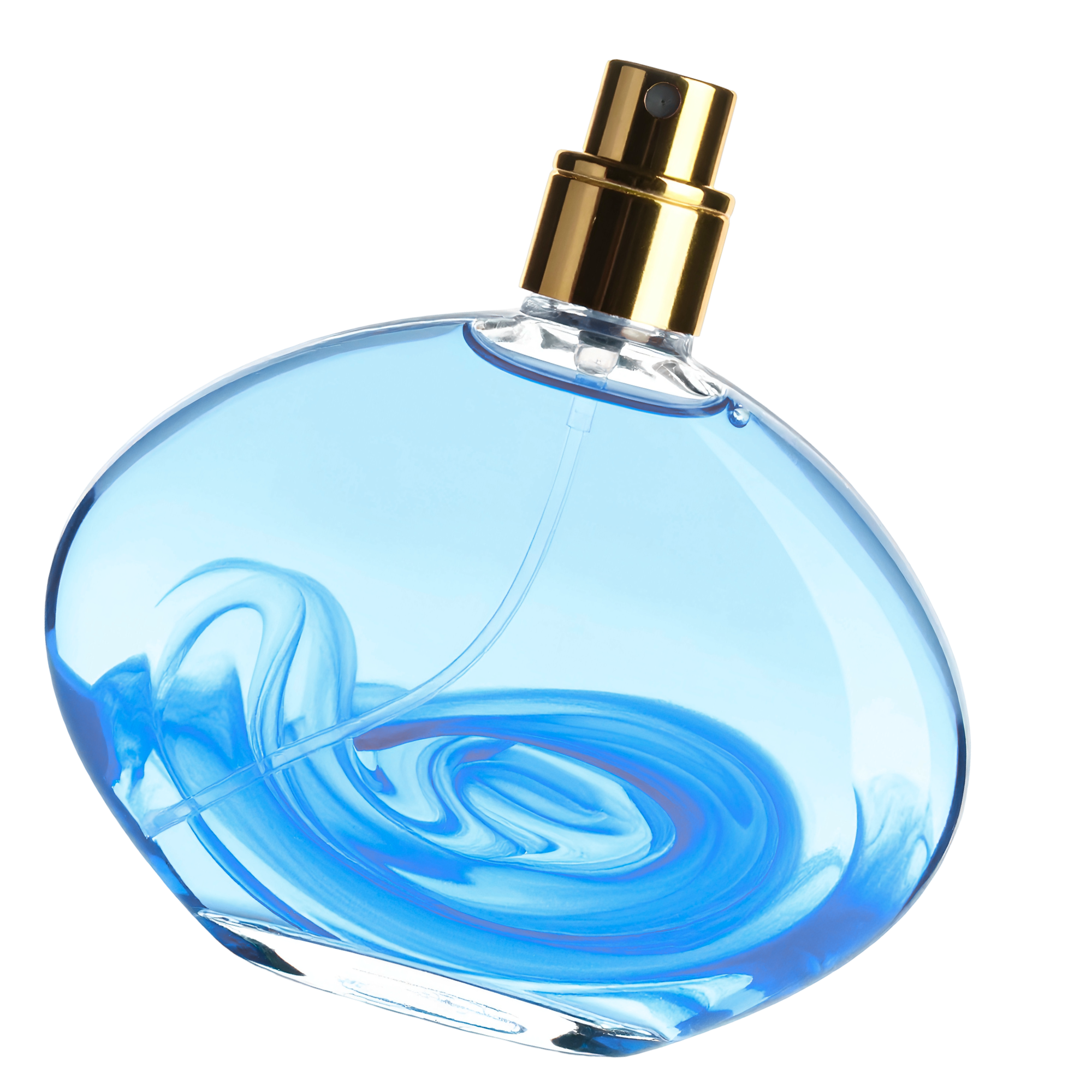 Close-up of a blue glass perfume bottle with a gold spray nozzle and a round black spray button.
