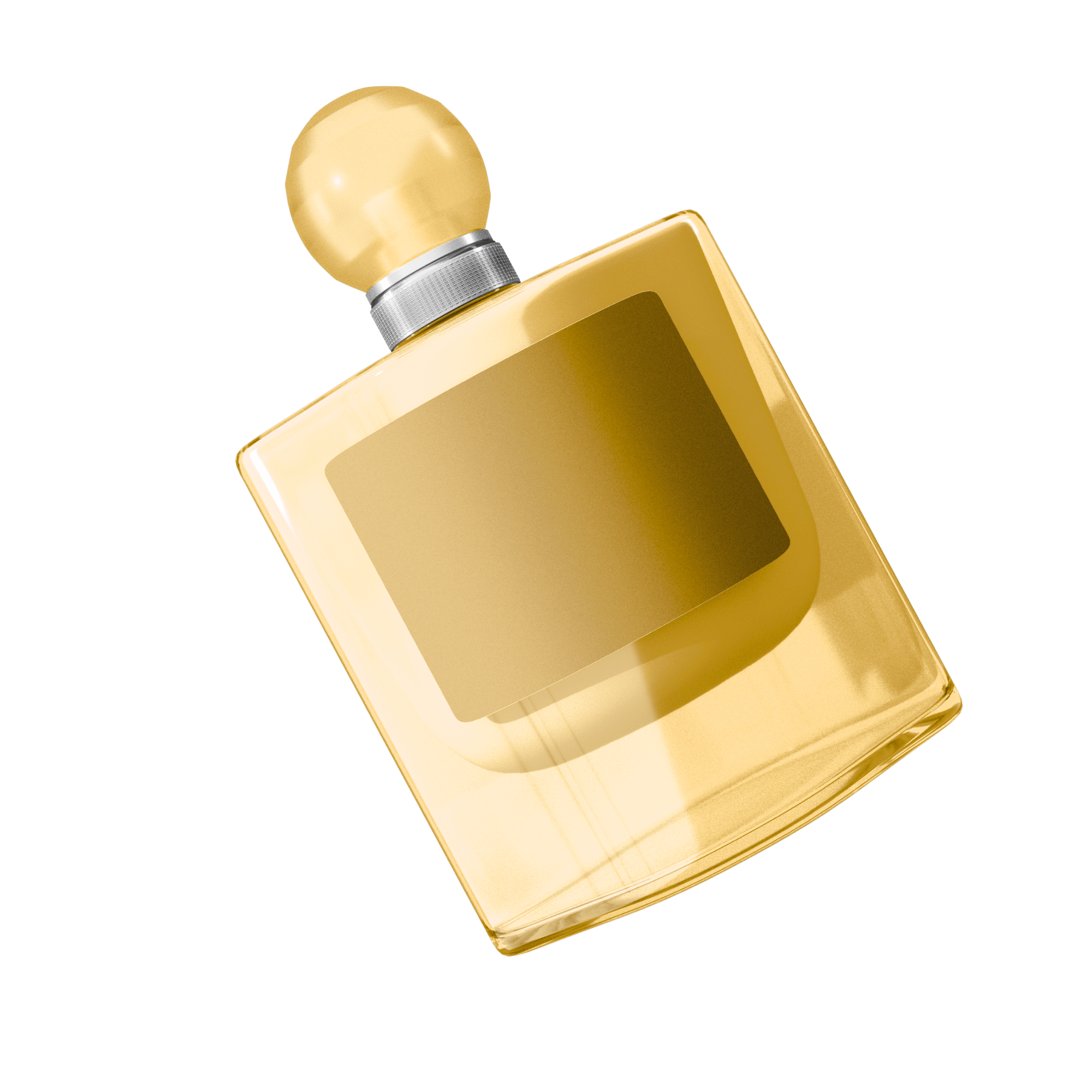 A gold-colored perfume bottle with a rounded cap and a square body, set against a background with green, yellow, and black sections.