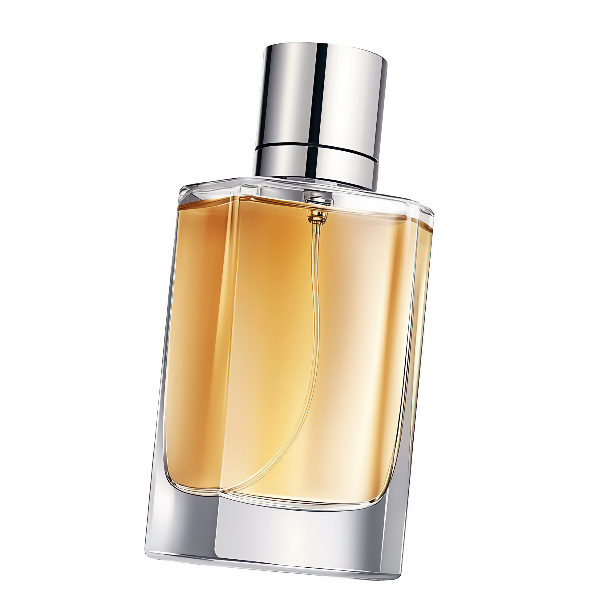 Close-up of a perfume bottle with a silver cap and transparent glass body filled with a golden liquid, set against a black background.