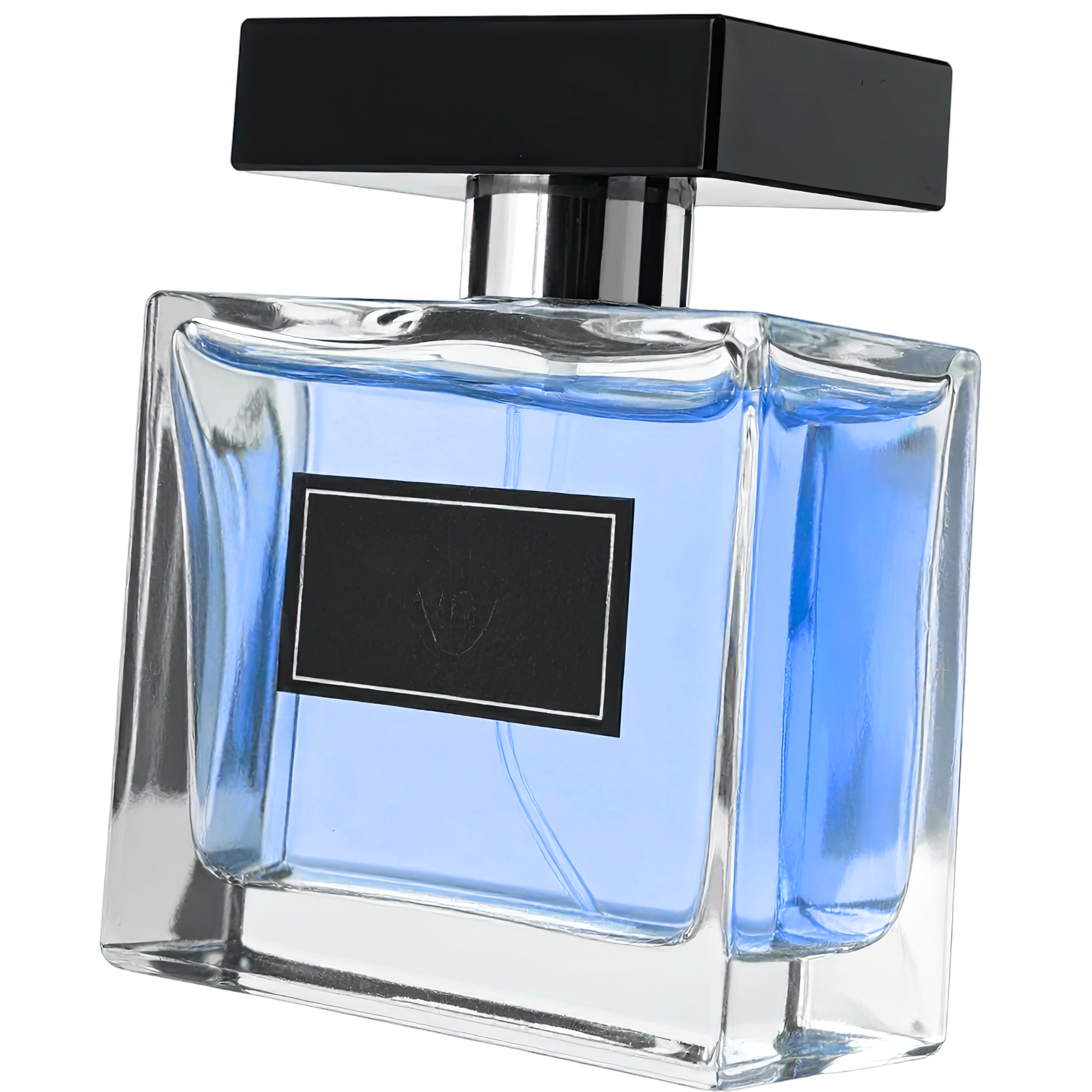 Close-up of a clear glass perfume bottle with a black rectangular cap and a silver neck, filled with blue liquid, against a black background.