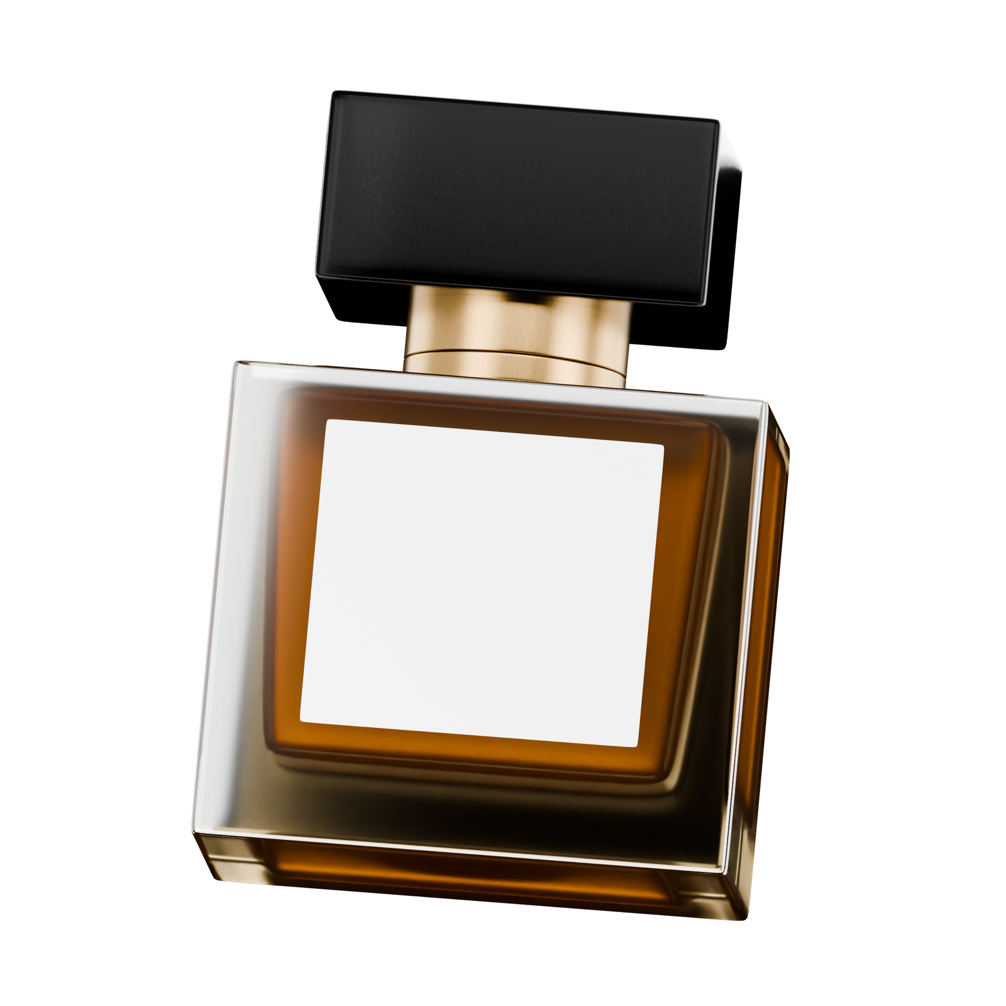 A modern perfume bottle with a rectangular black cap, gold neck, and a white and gold body.