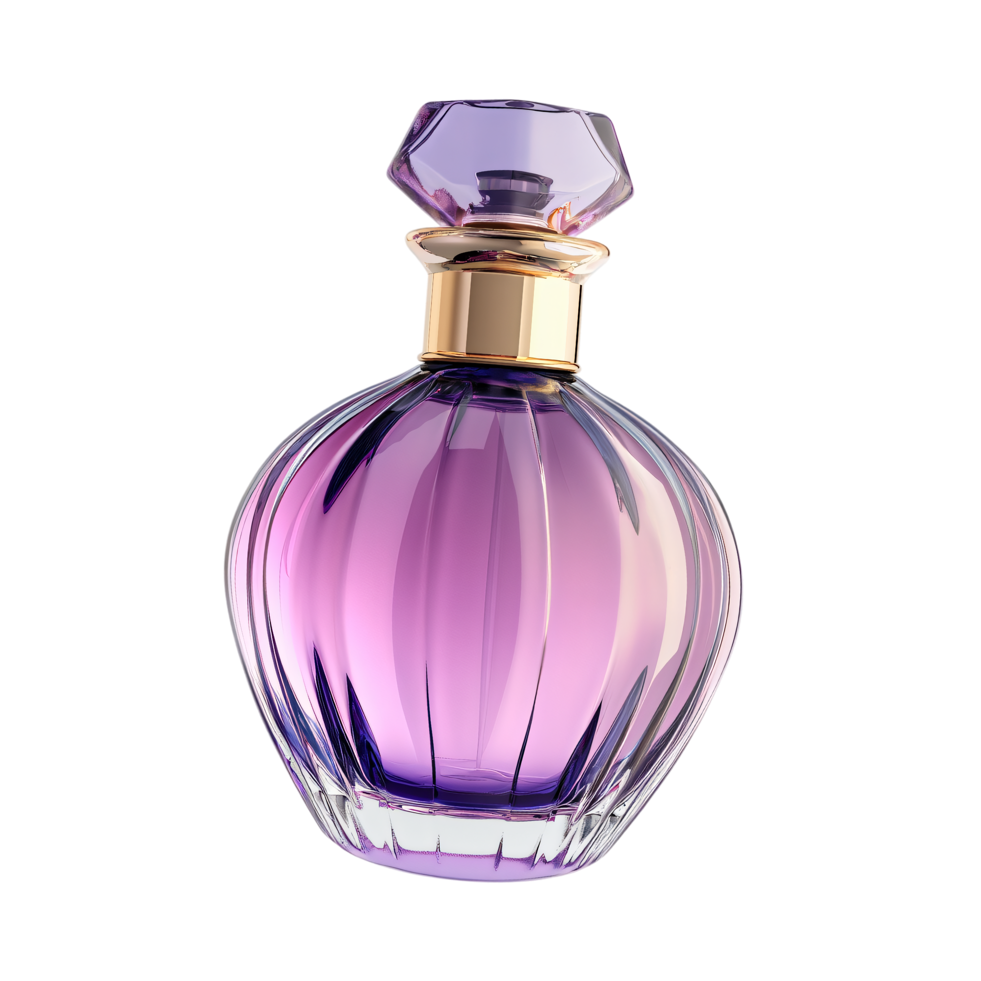A glass perfume bottle with purple and gold accents, standing on a reflective surface.