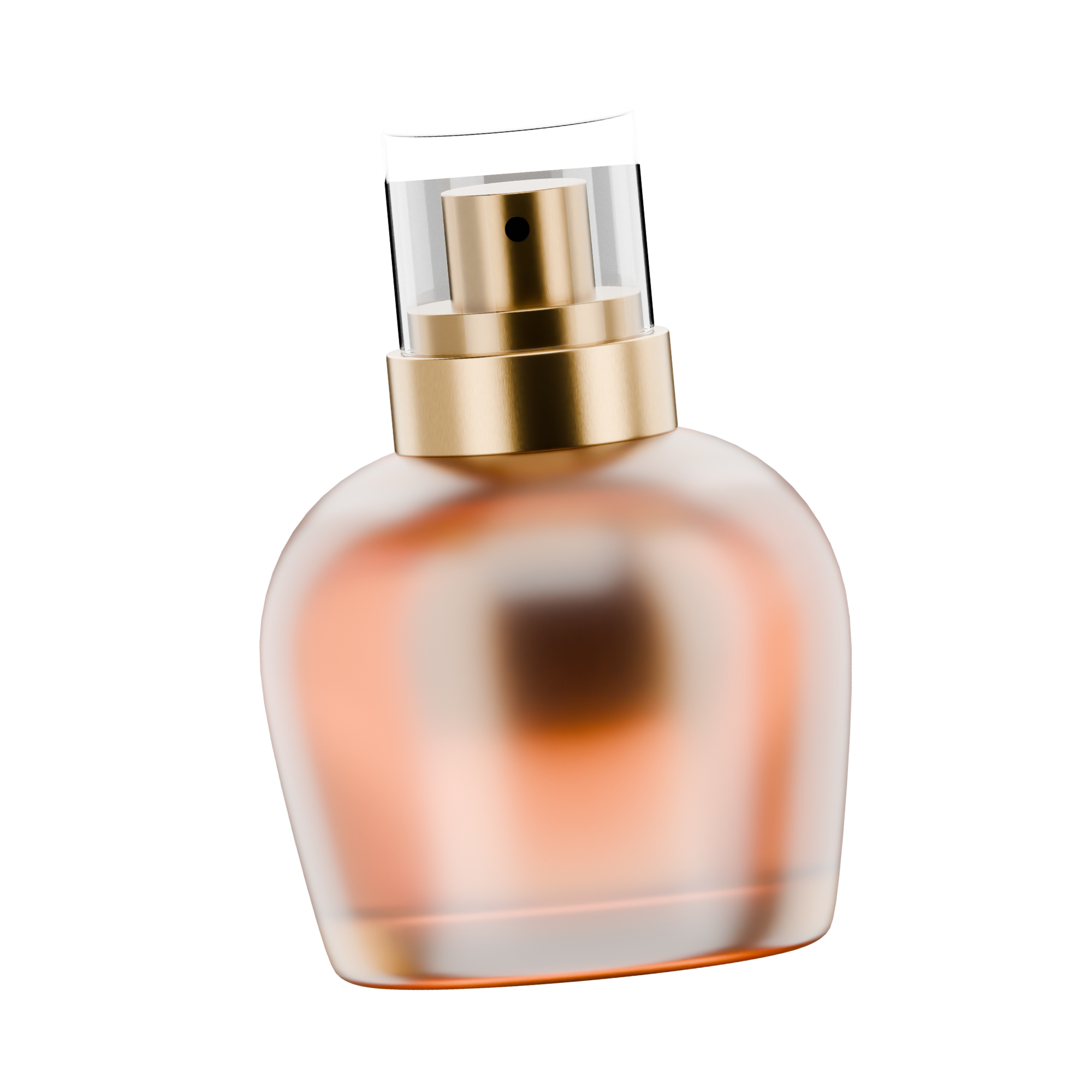 Close-up of a spray bottle with a gold nozzle, white cap, and clear body, set against a black background.