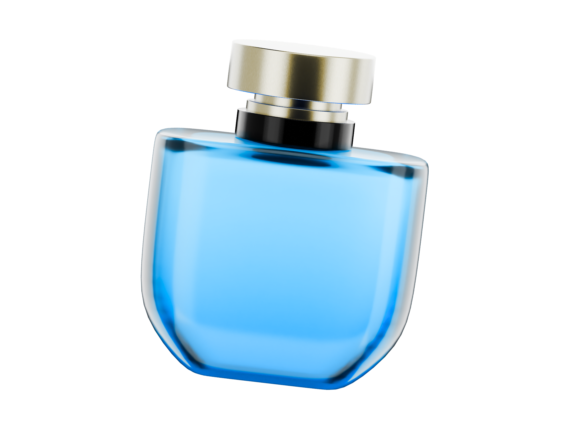 Close-up of a modern blue glass perfume bottle with a metallic cap.