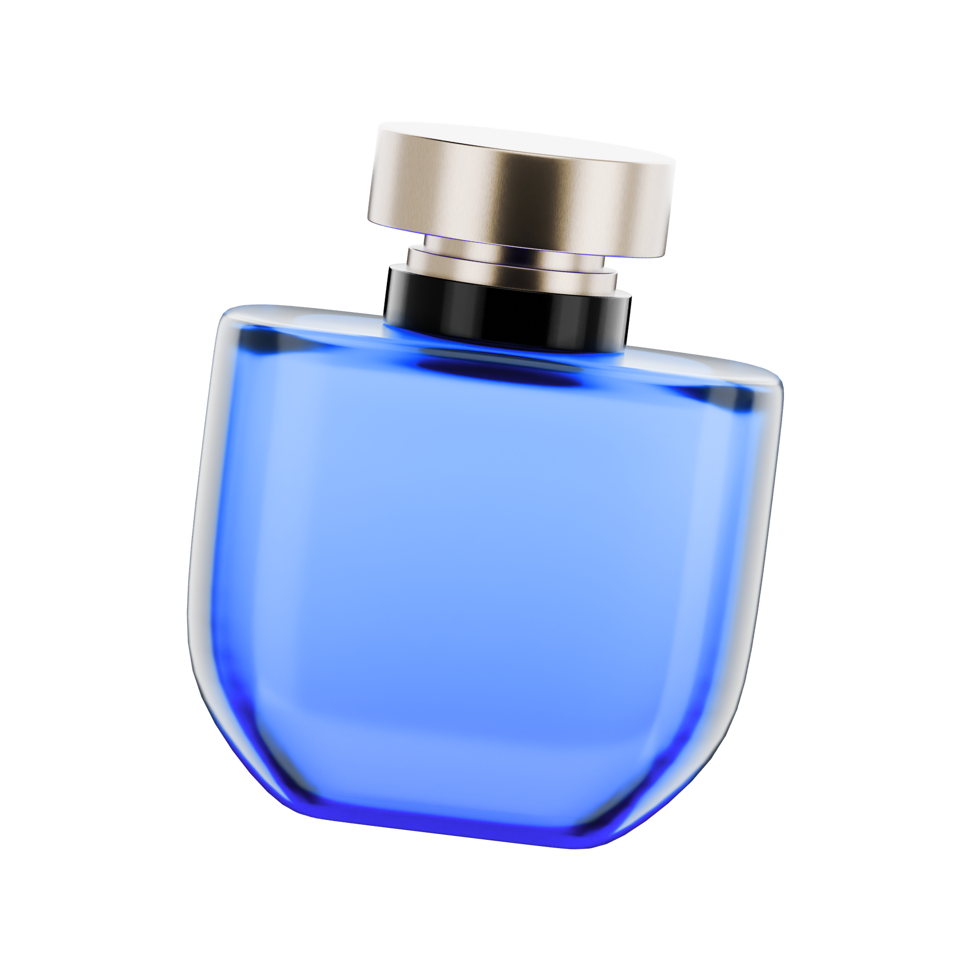 Close-up of a blue perfume bottle with a metallic cap on a black background.