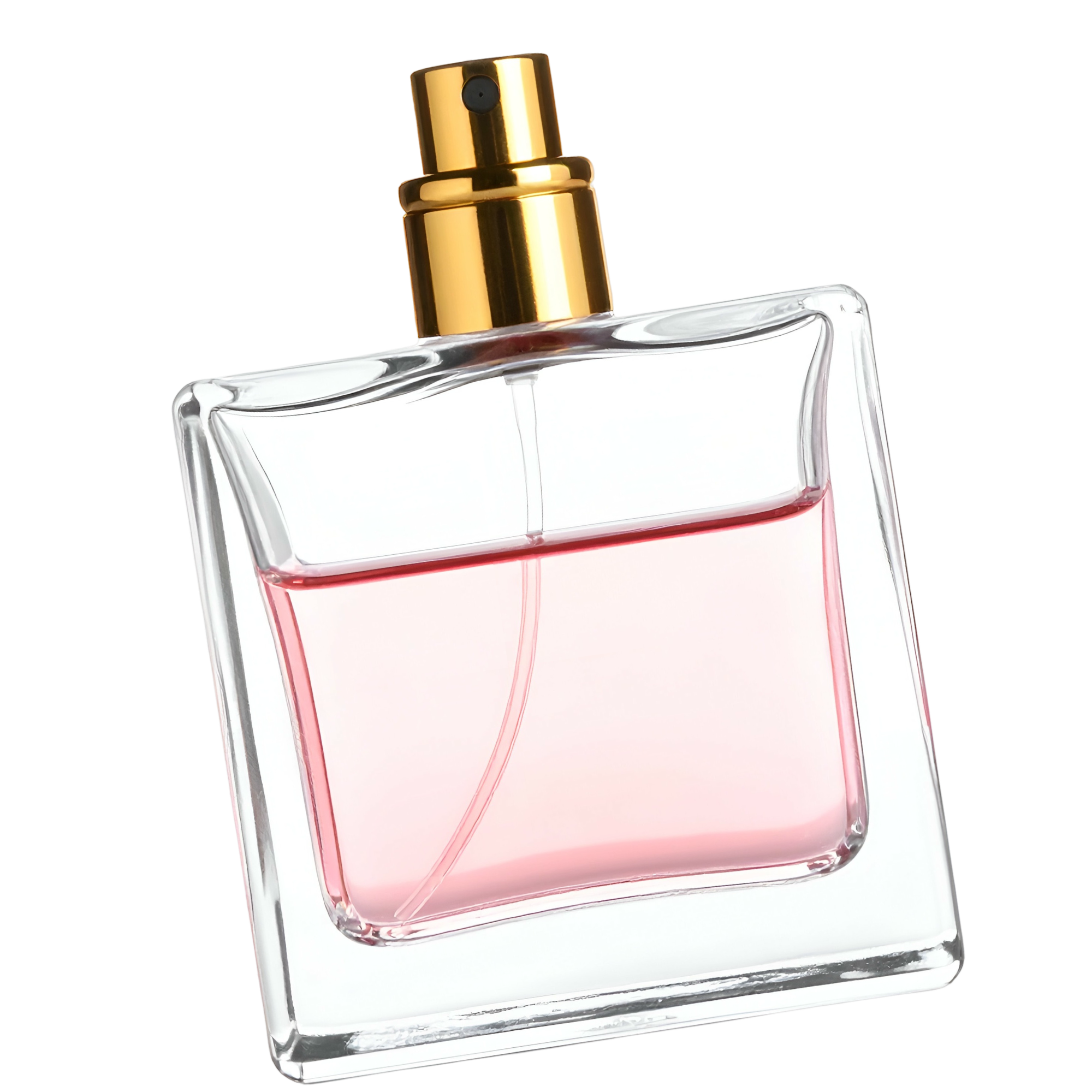 Close-up of a perfume bottle with a gold spray nozzle and pink-tinted perfume inside a clear glass bottle.